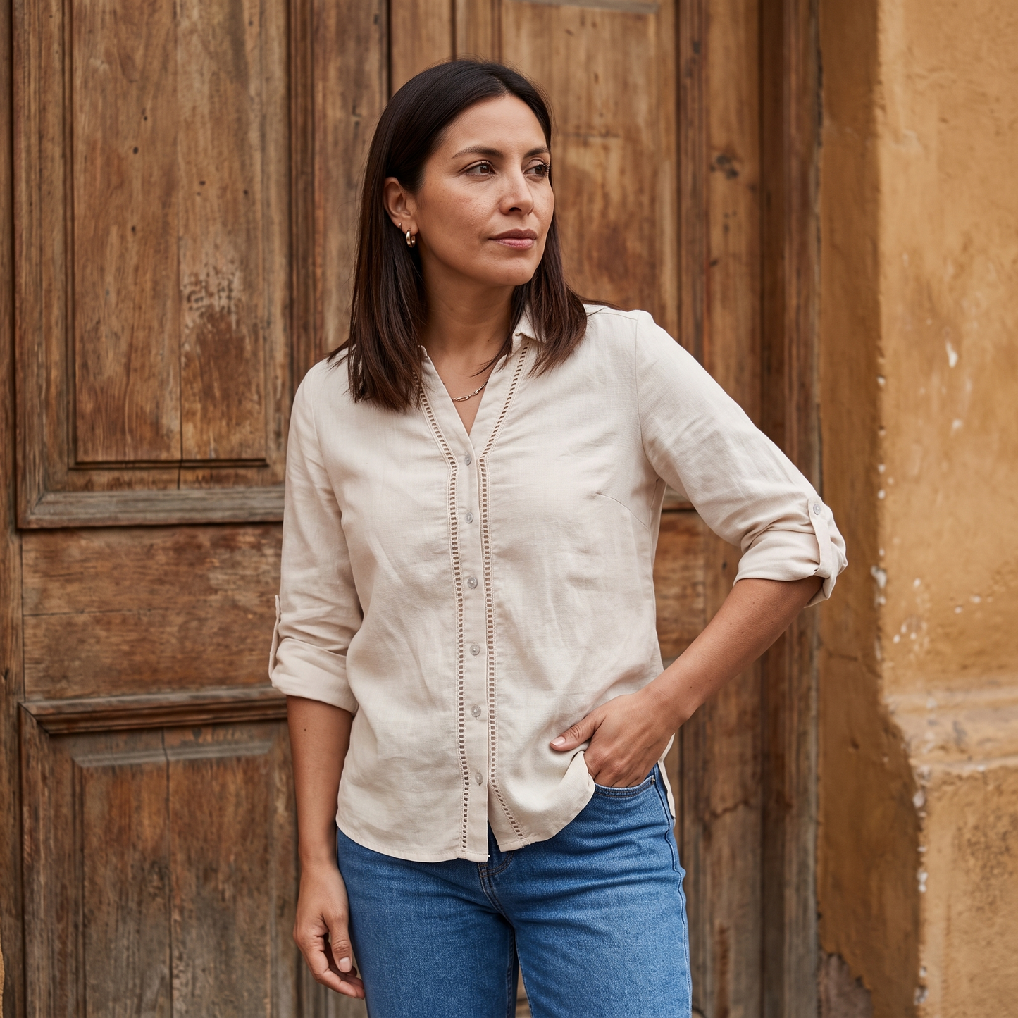 Blusa Lino Arena Manga Larga Cuello Camisero lifestyle