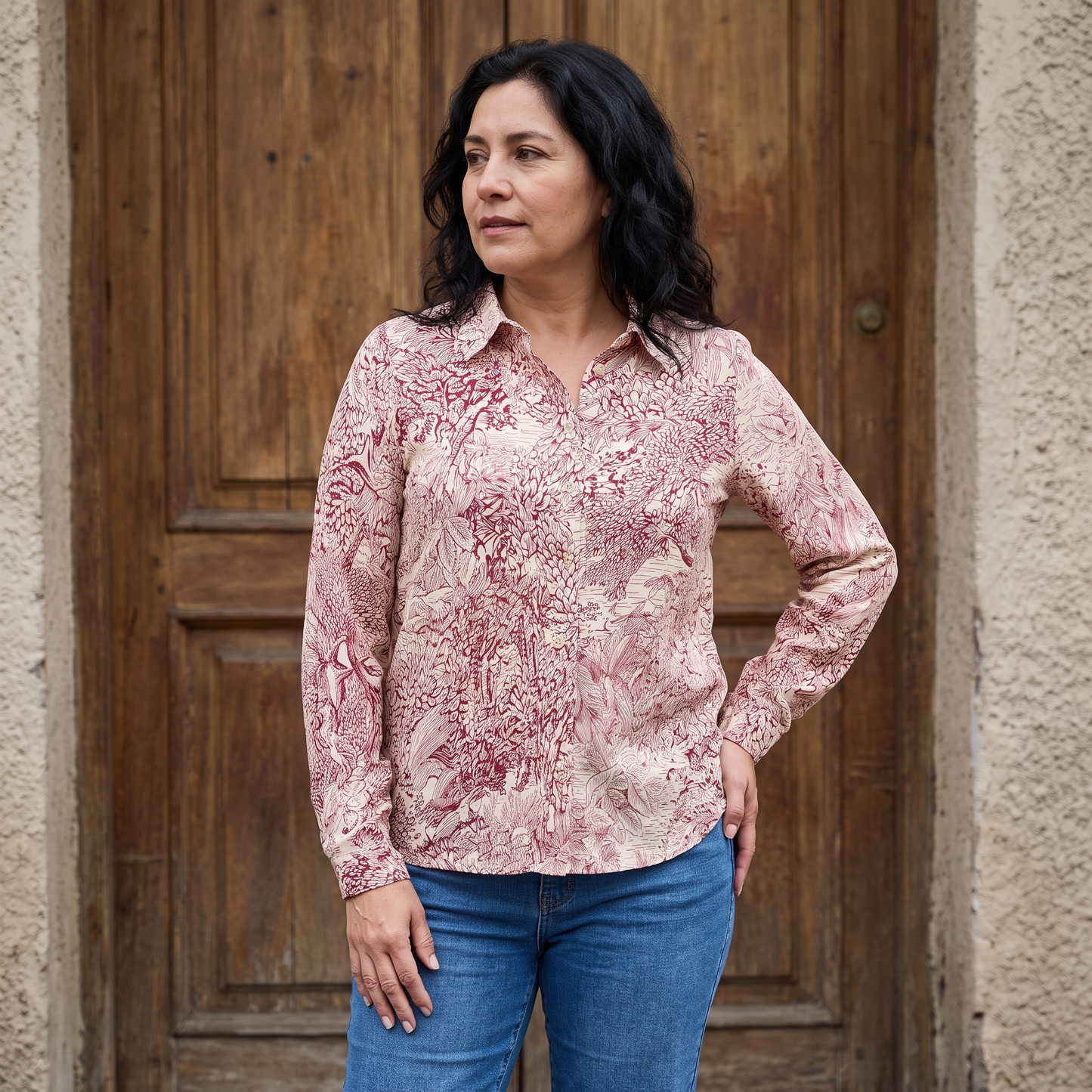 Blusa Manga Larga con Botones Rojo lifestyle