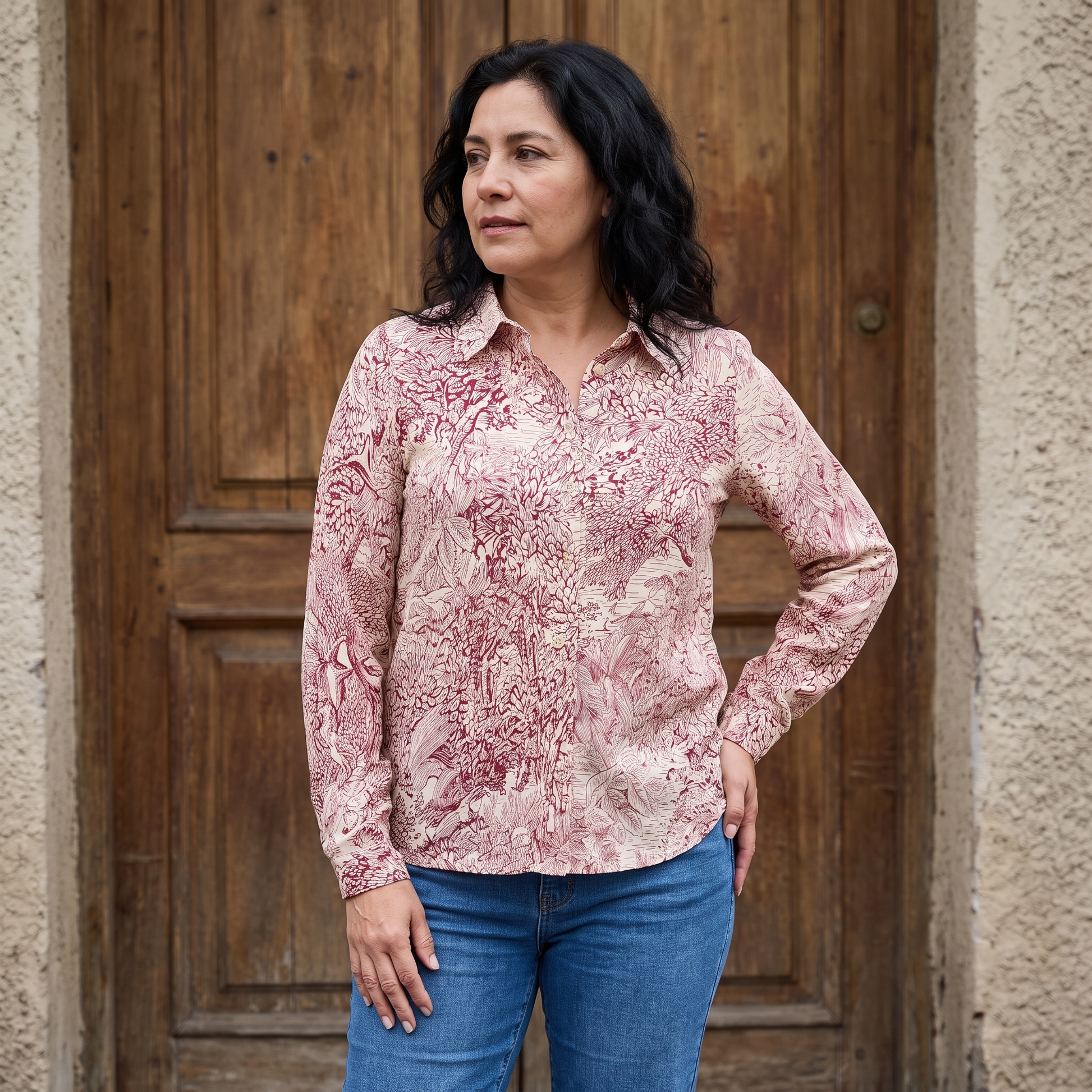 Blusa Manga Larga con Botones Rojo lifestyle