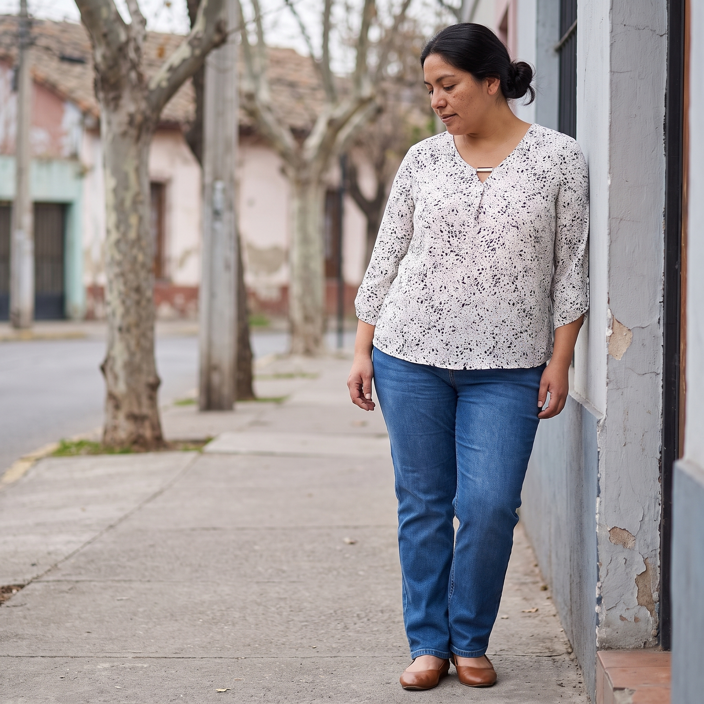 Blusa Manga Larga Escote V Estampada Blanco lifestyle