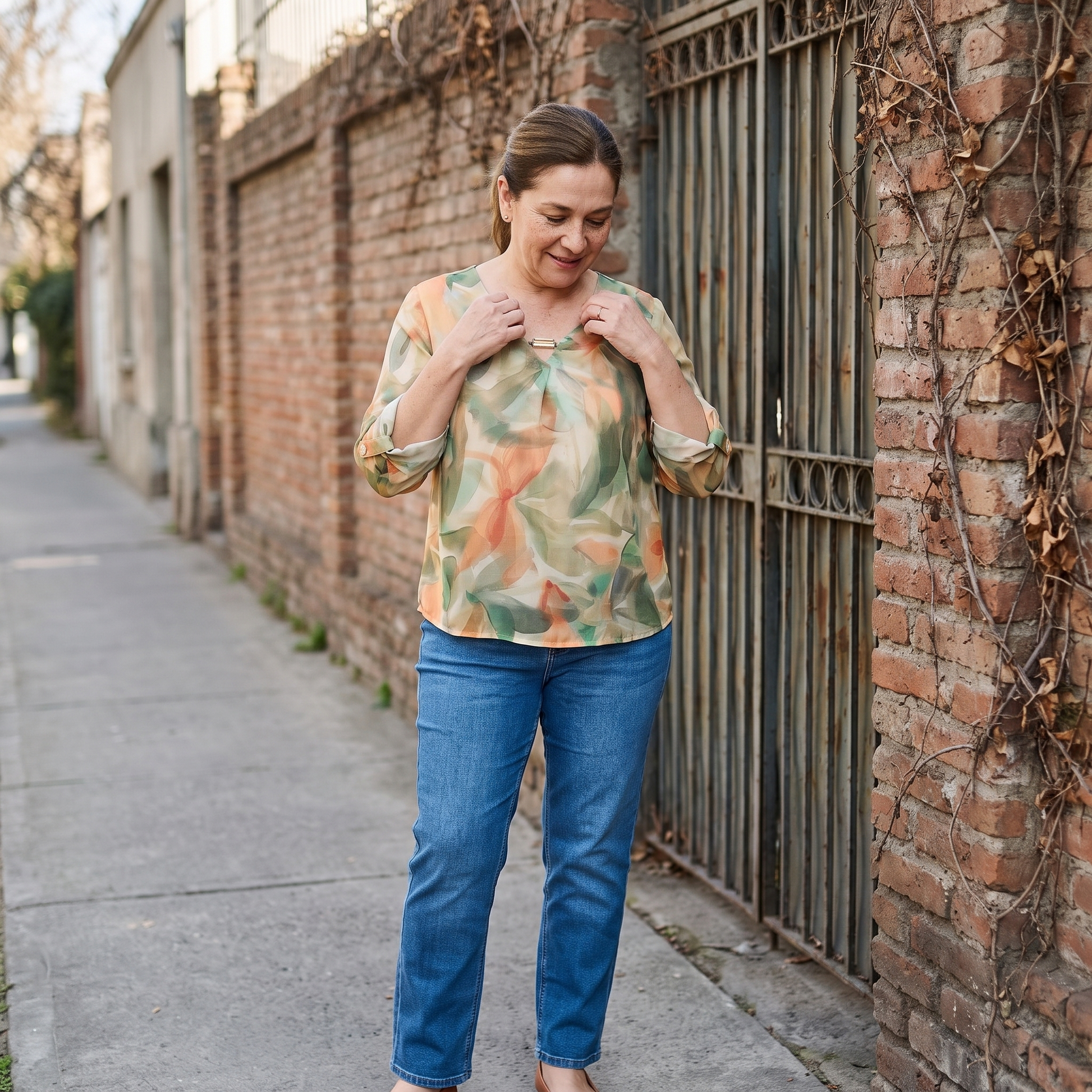 Blusa Manga Larga Escote V Estampada Terracota lifestyle