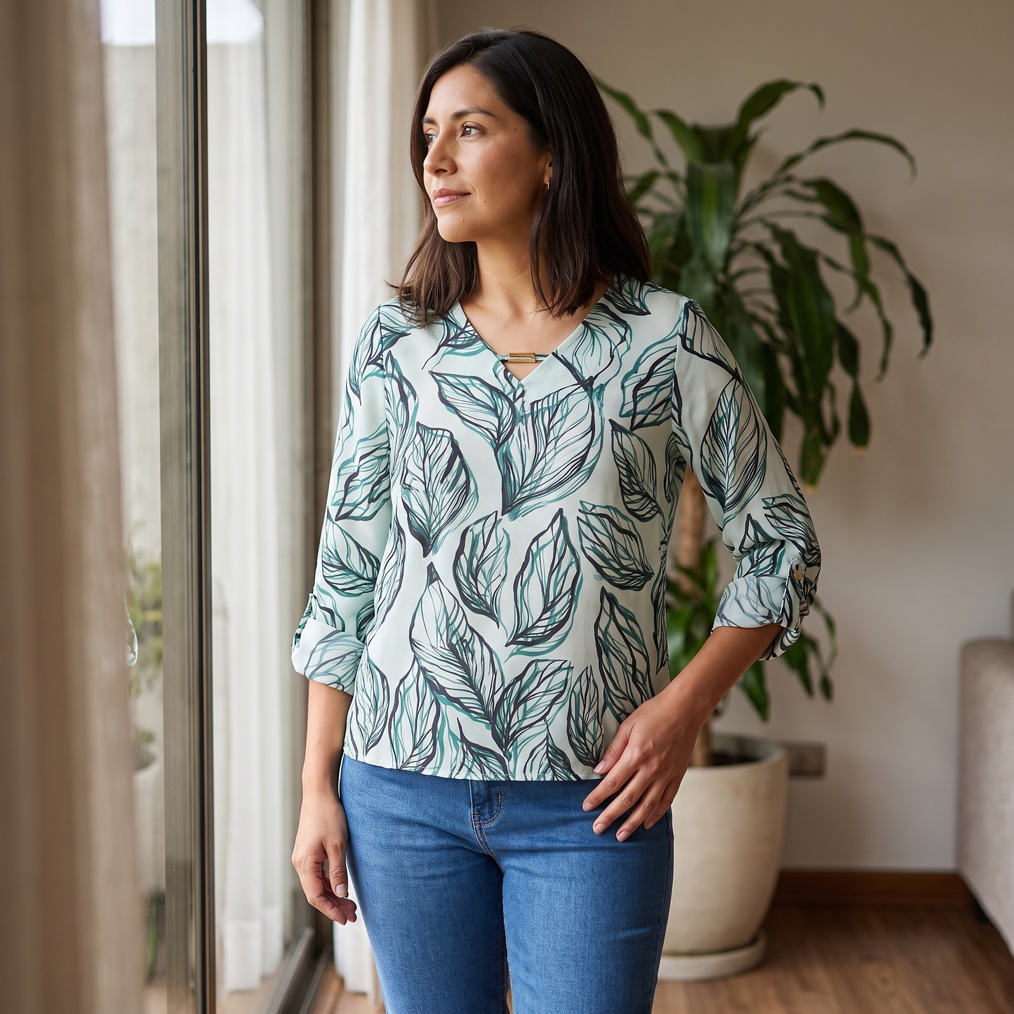 Blusa Manga Larga Escote V Estampada Verde lifestyle