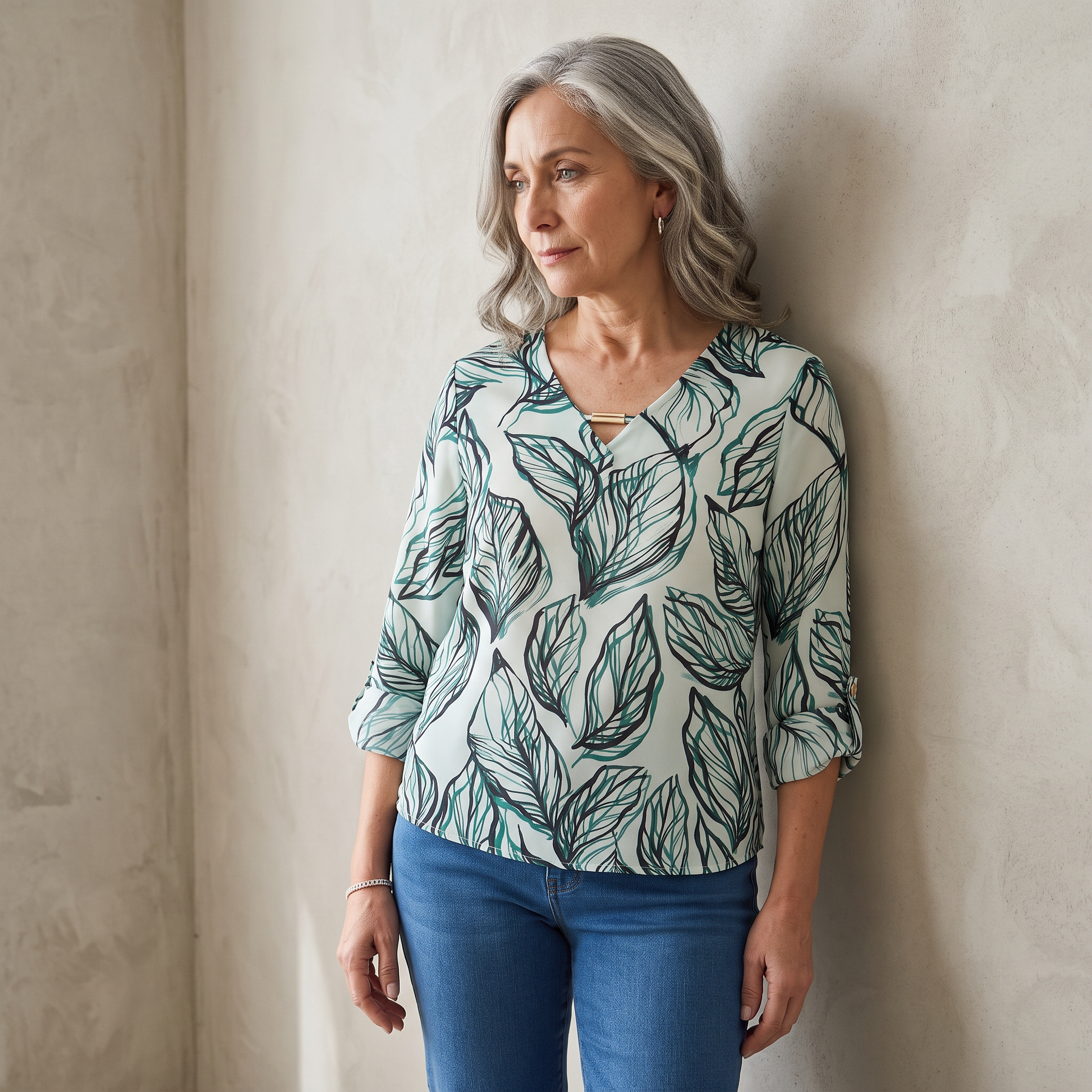 Blusa Manga Larga Escote V Estampada Verde lifestyle