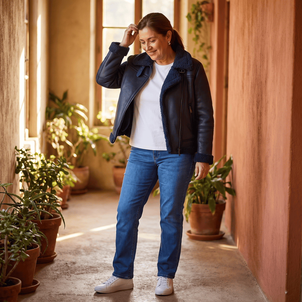Chaqueta Aviadora Azul con Forro Sherpa y Detalle de Hebilla lifestyle