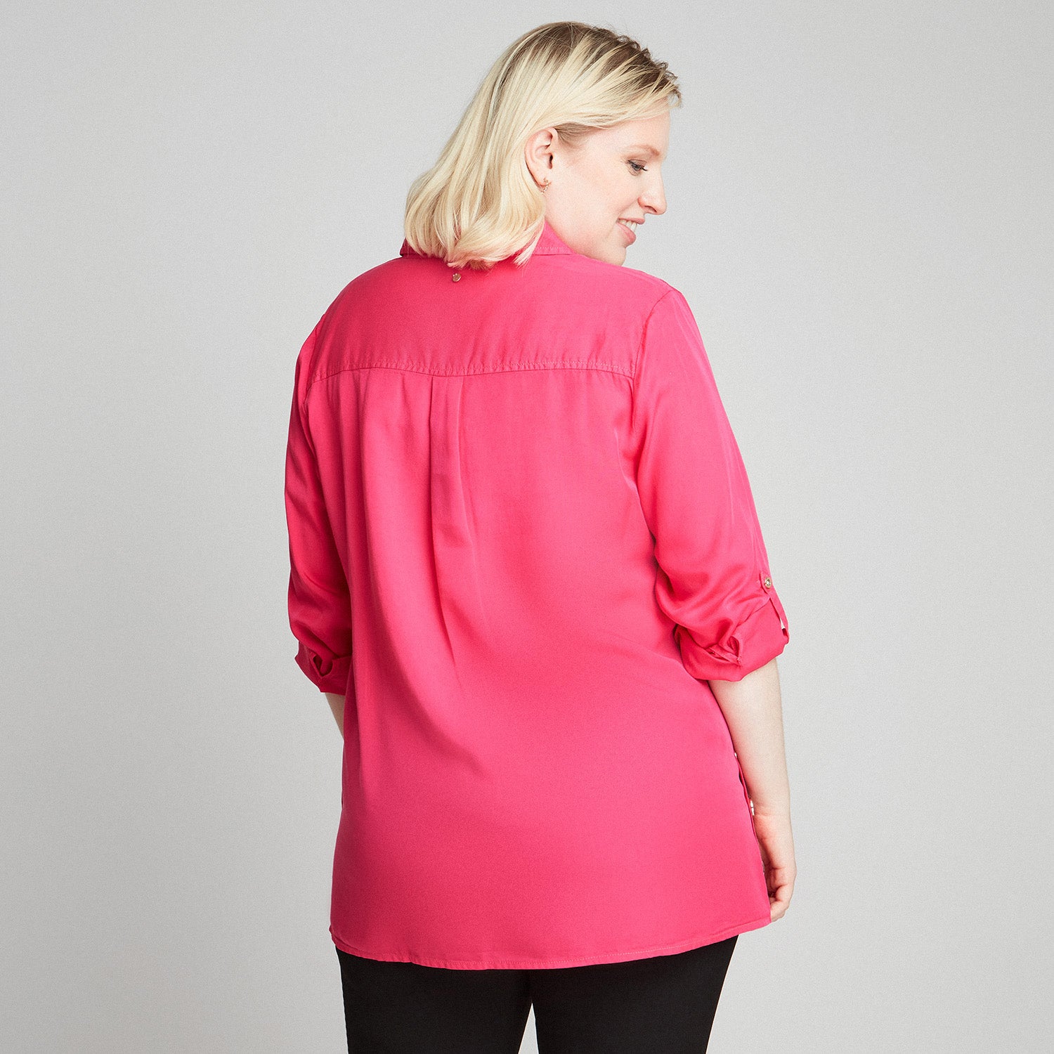 Blusa Fucsia Lyocell Manga Roll Up Con Botones Decorativos