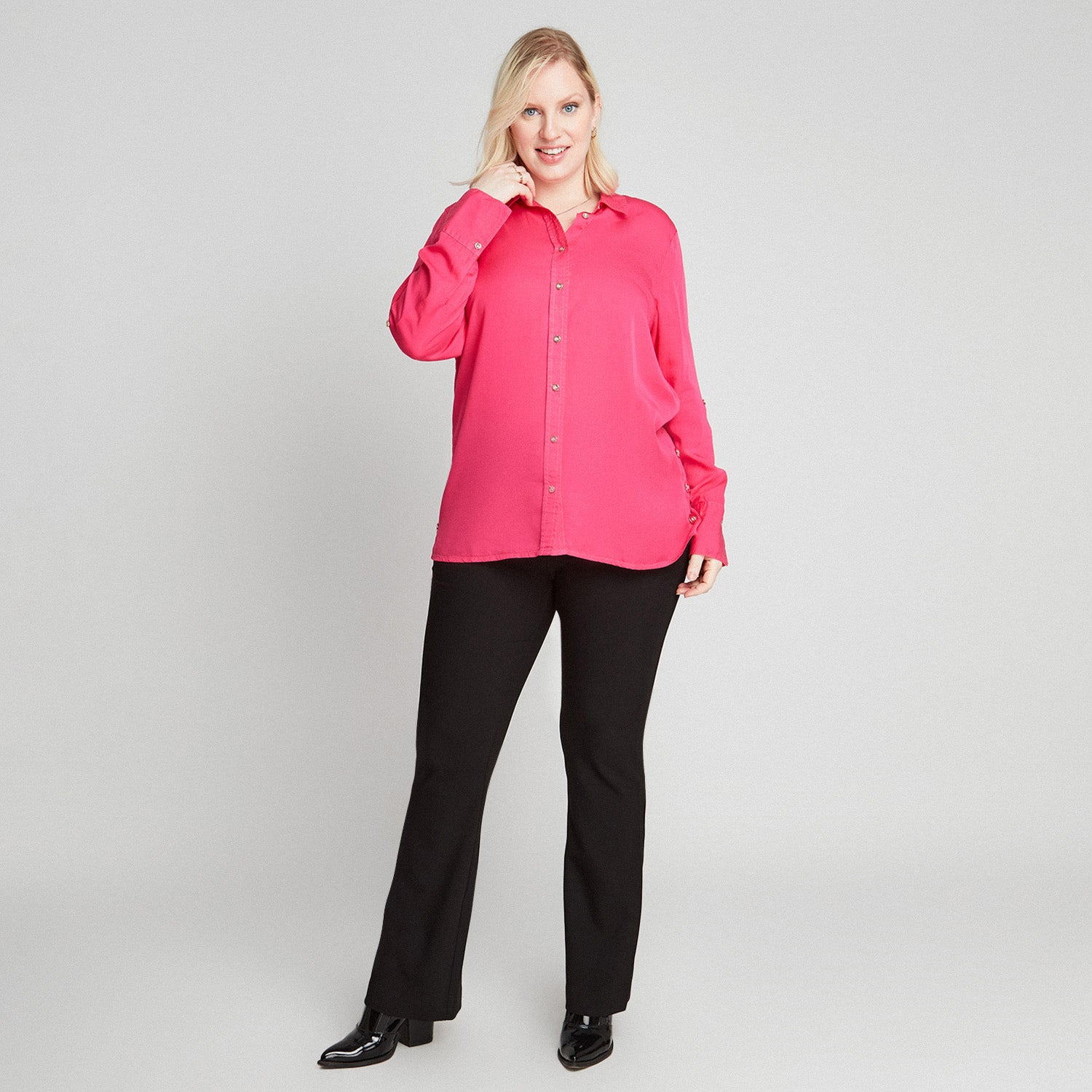 Blusa Fucsia Lyocell Manga Roll Up Con Botones Decorativos