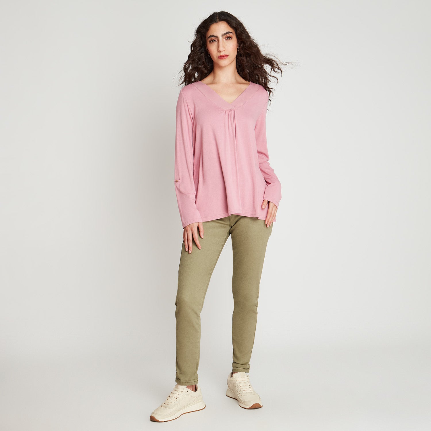 Polera Rosa Manga Larga Roll Up Cuello V