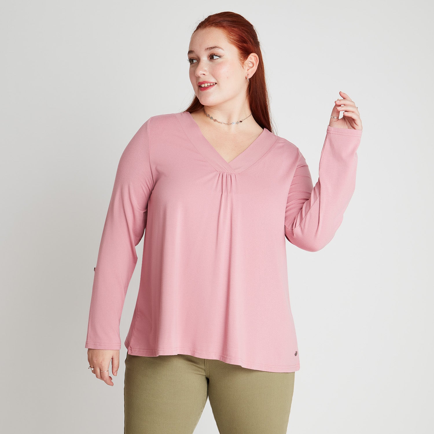 Polera Rosa Manga Larga Roll Up Cuello V