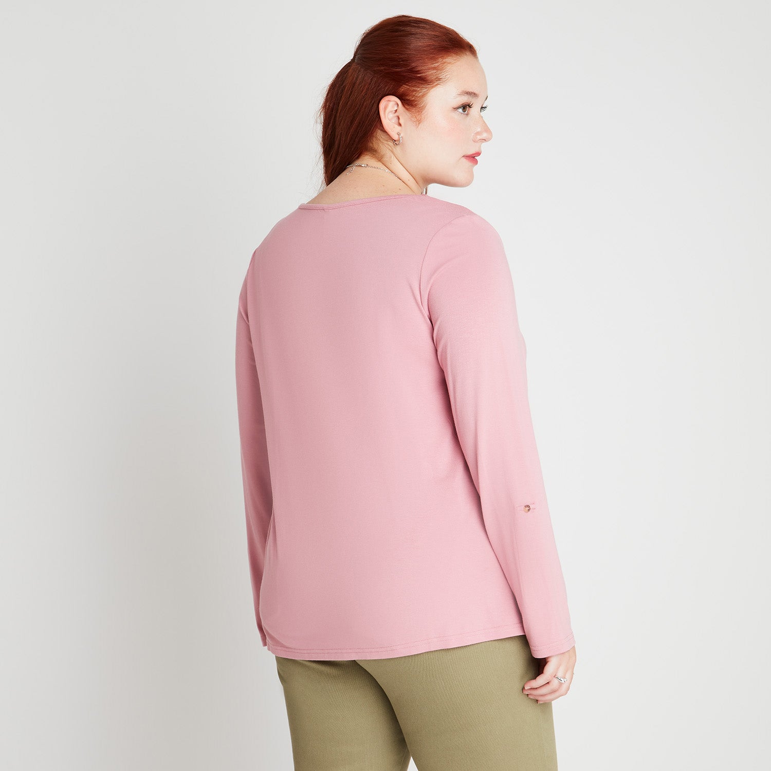 Polera Rosa Manga Larga Roll Up Cuello V