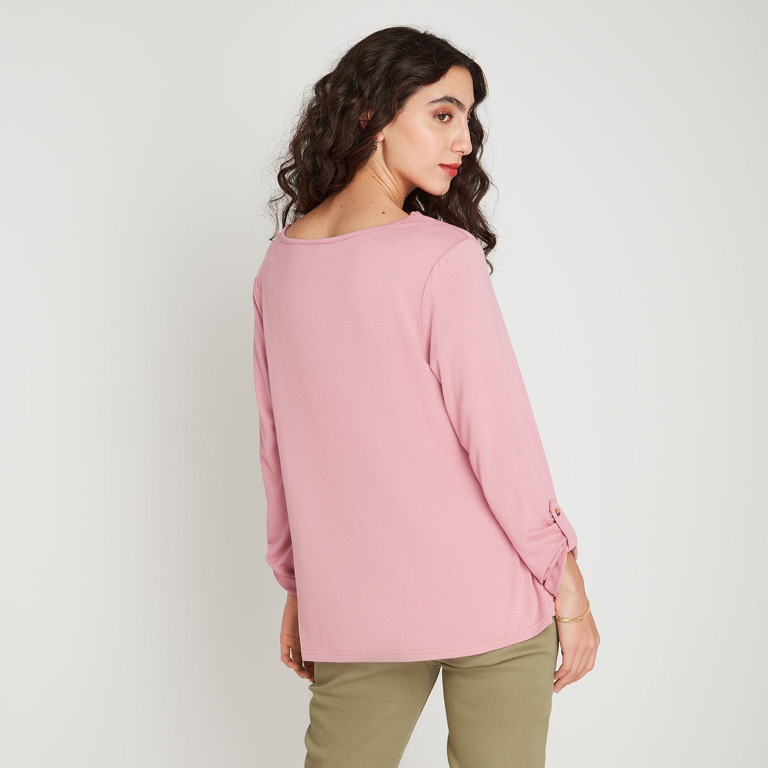 Polera Rosa Manga Larga Roll Up Cuello V