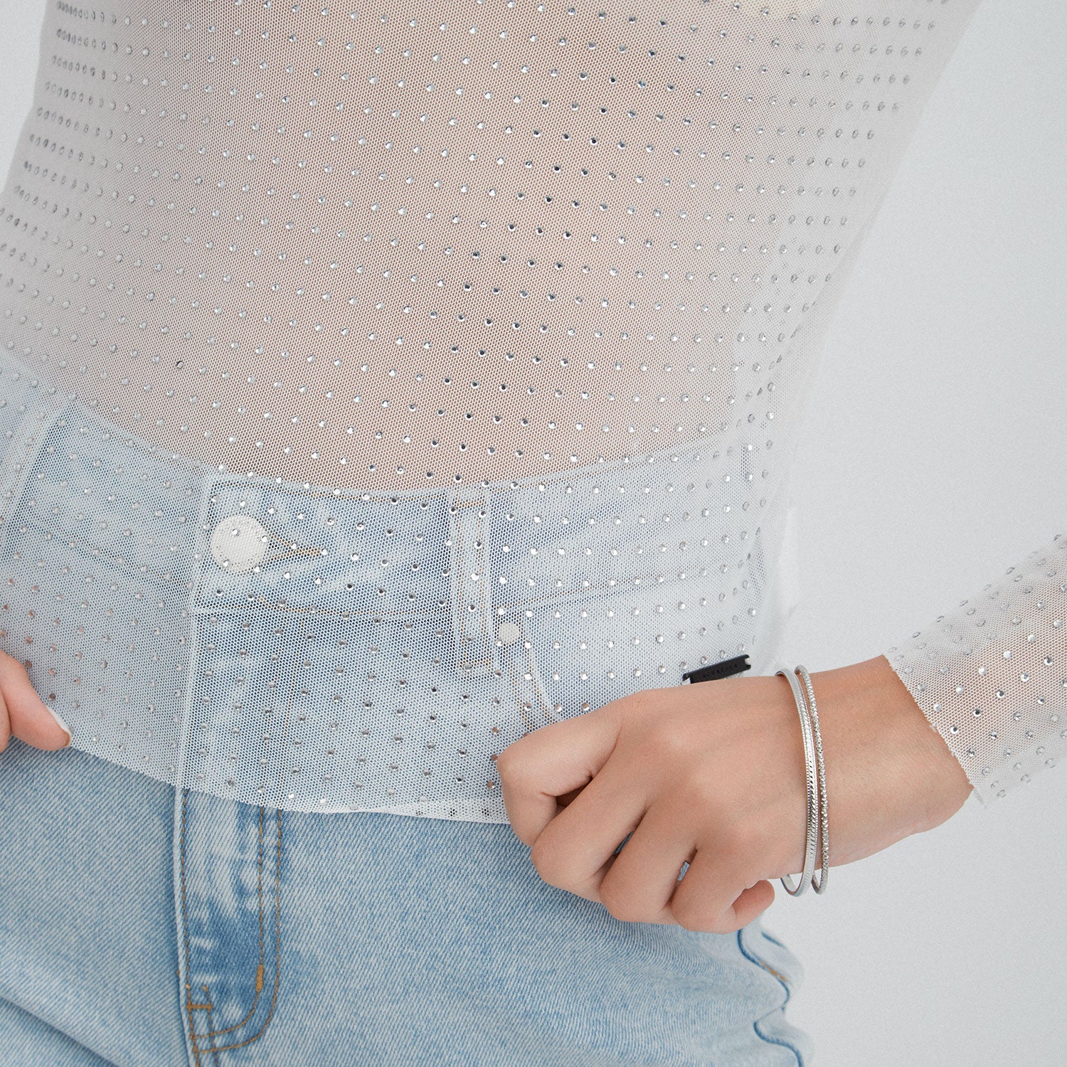 Polera Mesh Con Strass Blanco