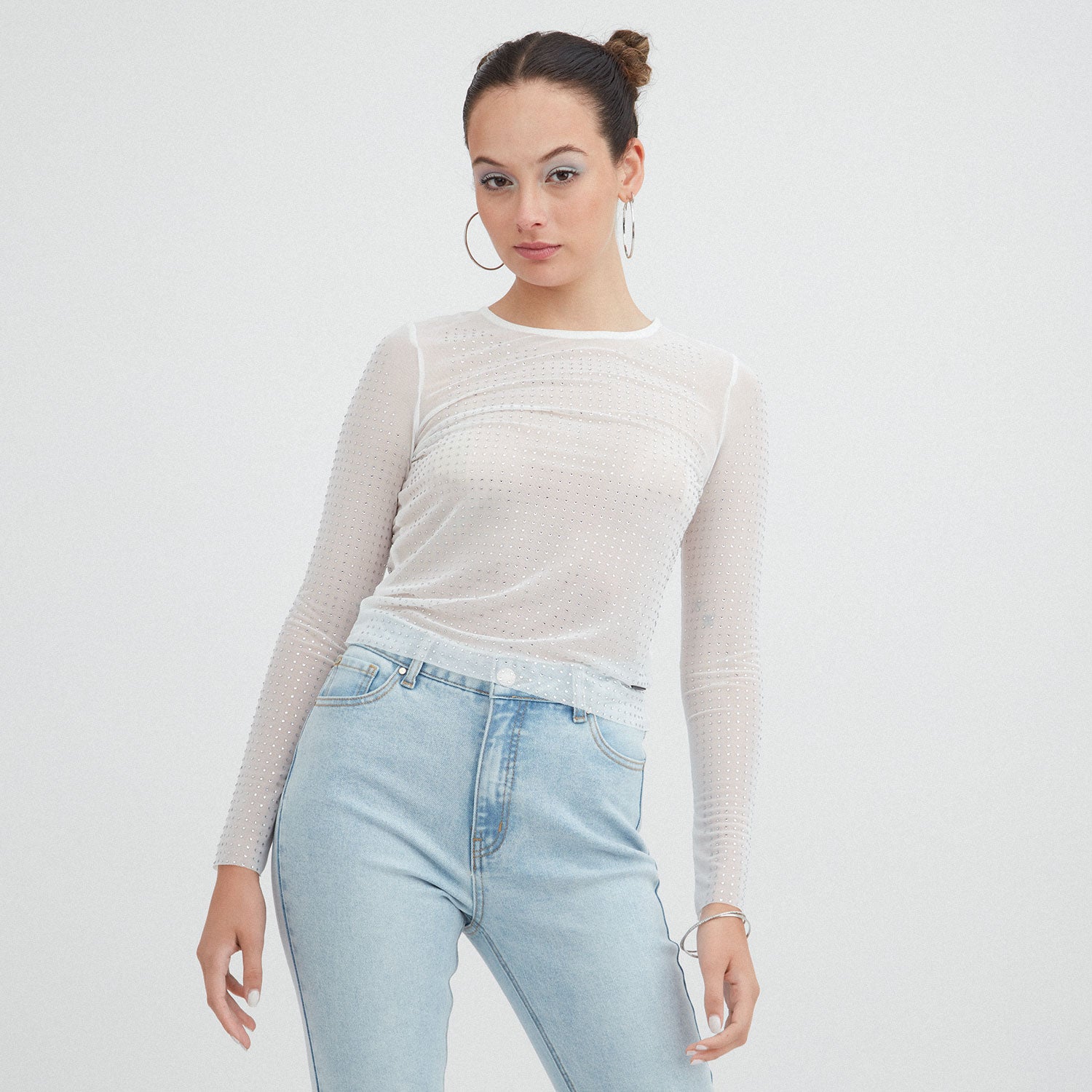 Polera mesh manga larga con strass | Acuarela
