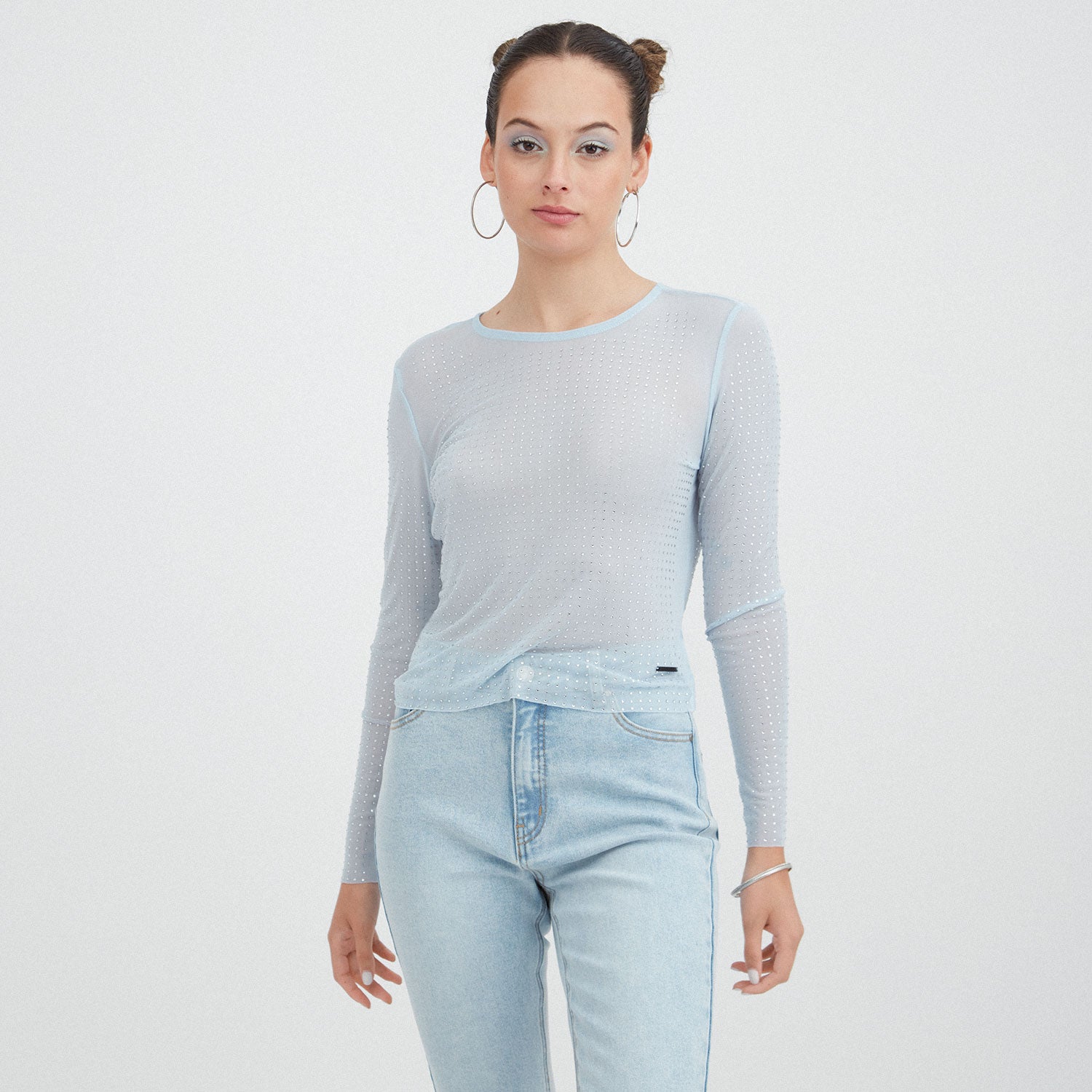 Polera mesh manga larga con strass | Acuarela