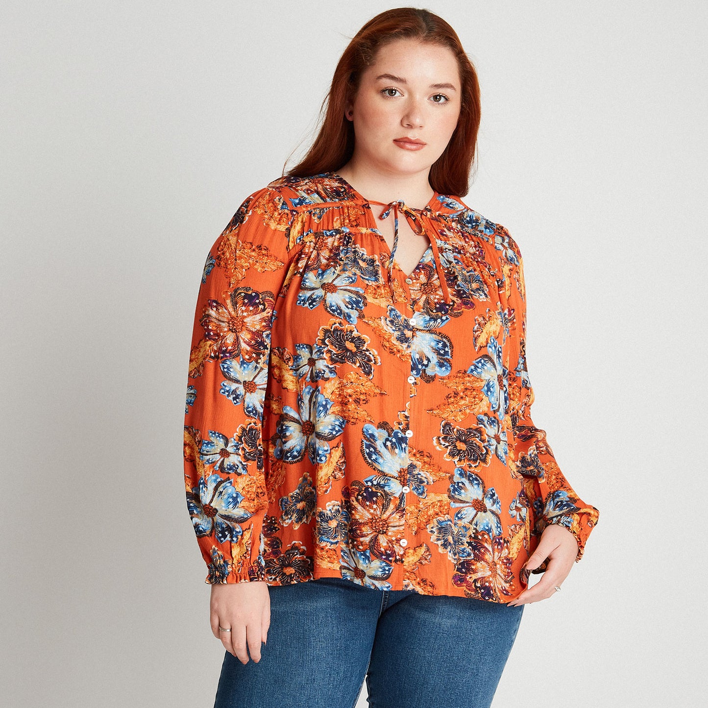 Blusa Naranja Estampada Botones - Lorenzo di Pontti