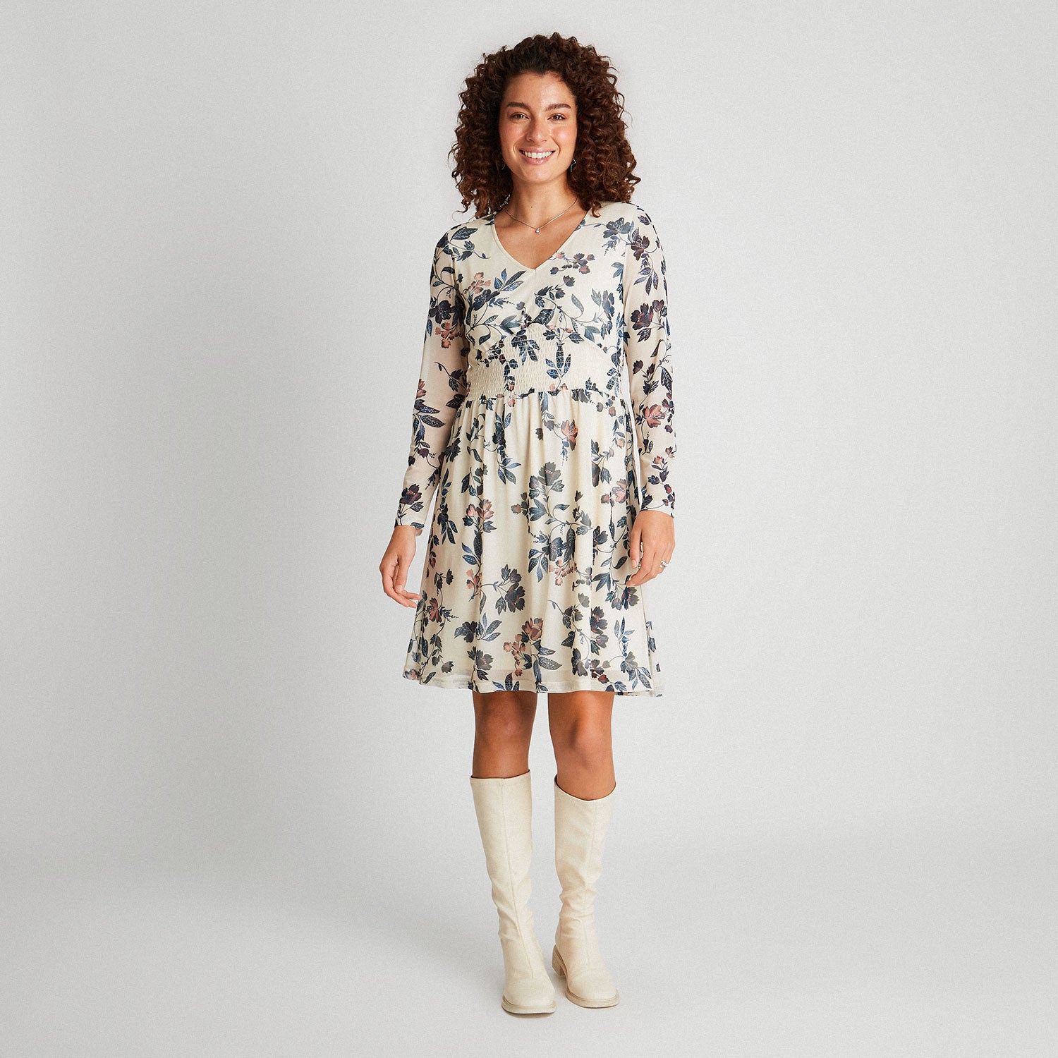 Vestido Midi Manga Larga Crudo