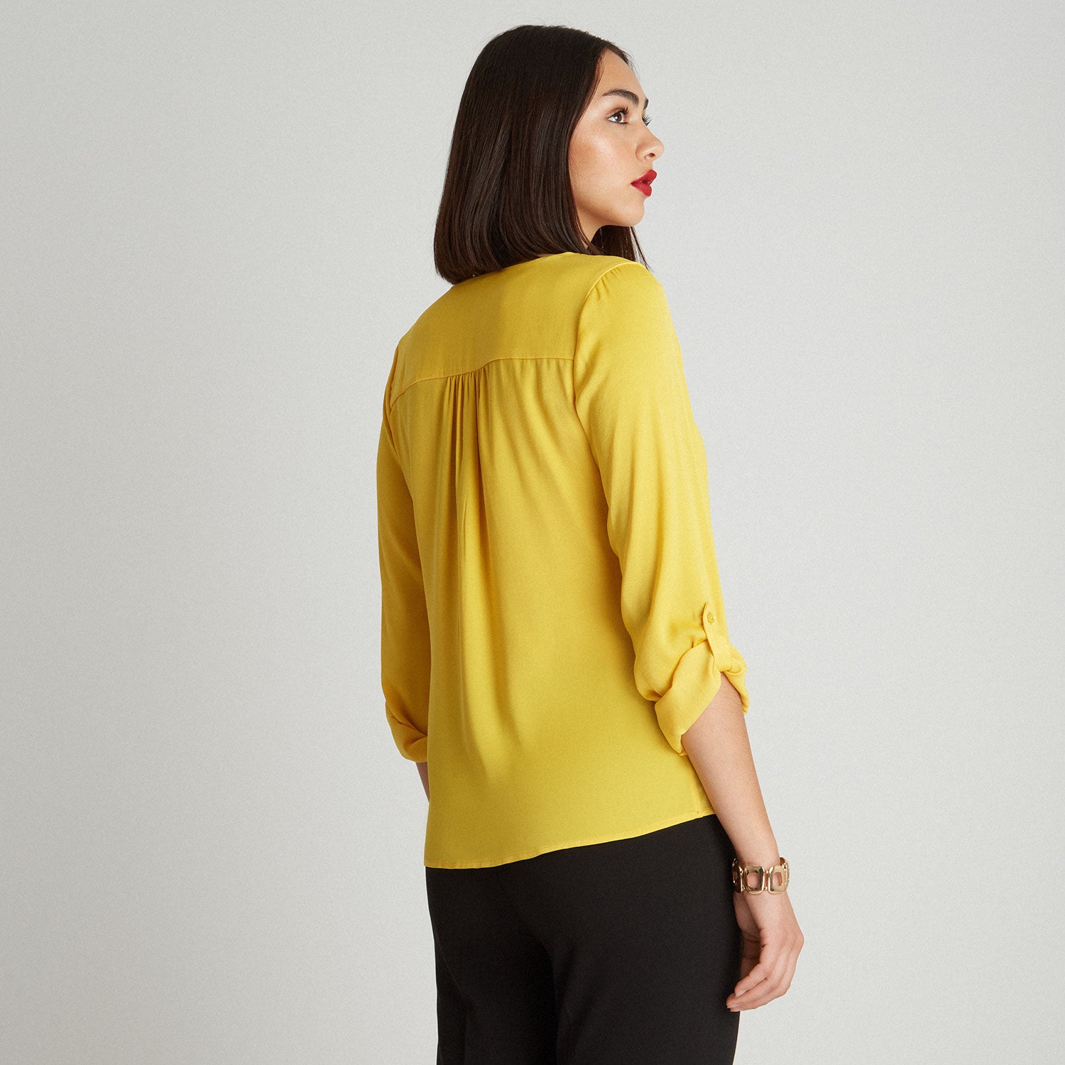 Blusa Manga Larga Con Pliegue Frontal Amarillo