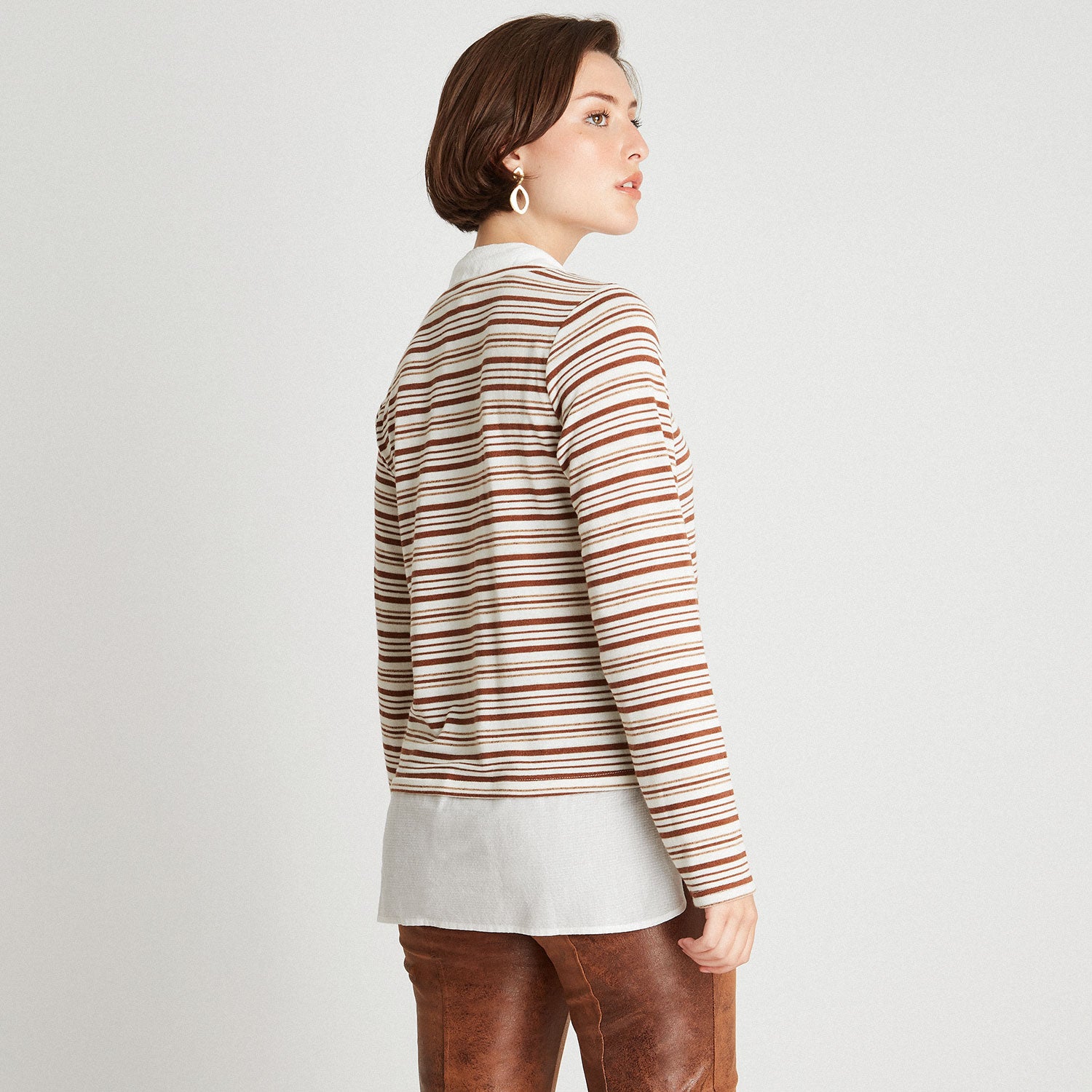 Polera Camant Rayada Con Blusa Falsa Beige