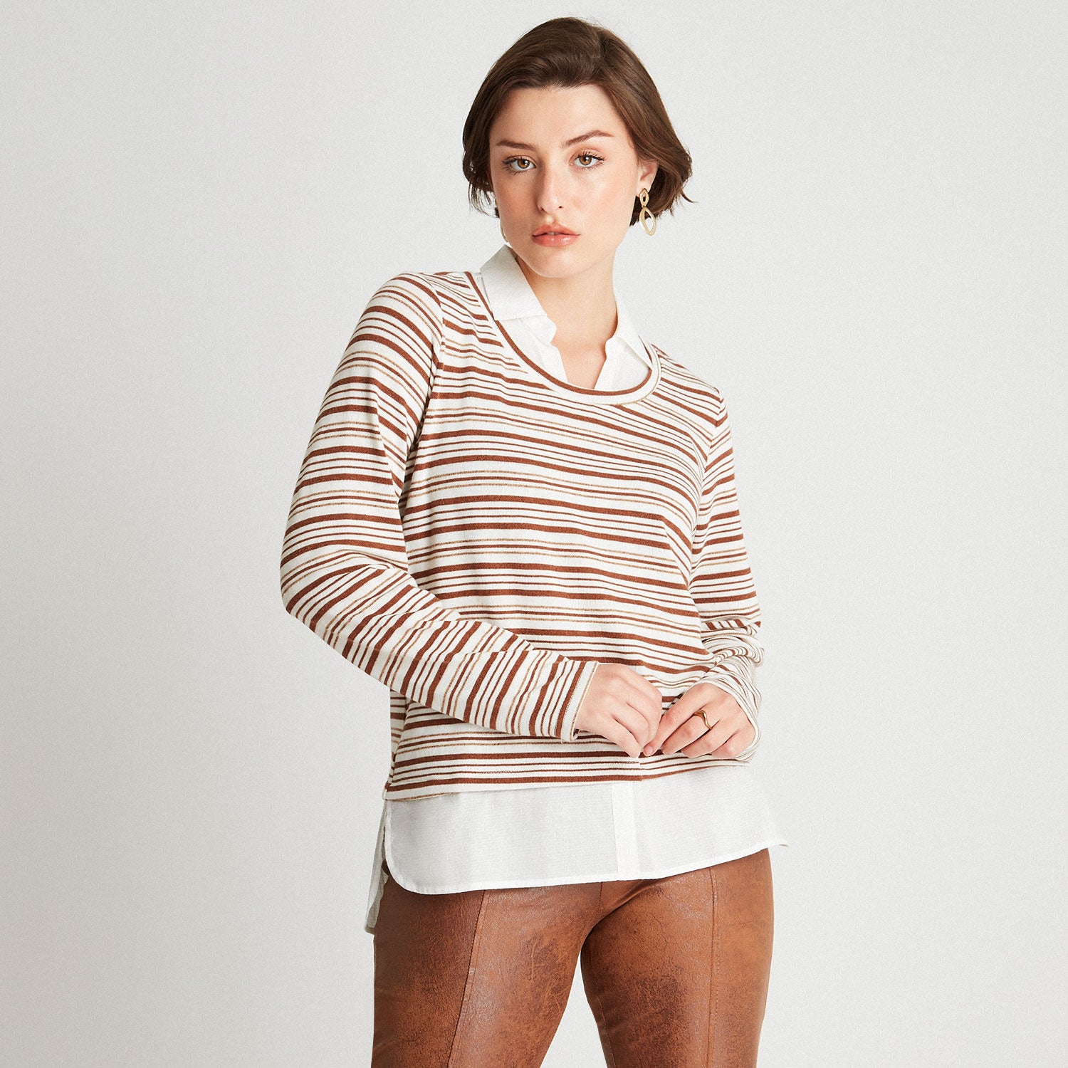 Polera Camant Rayada Con Blusa Falsa Beige