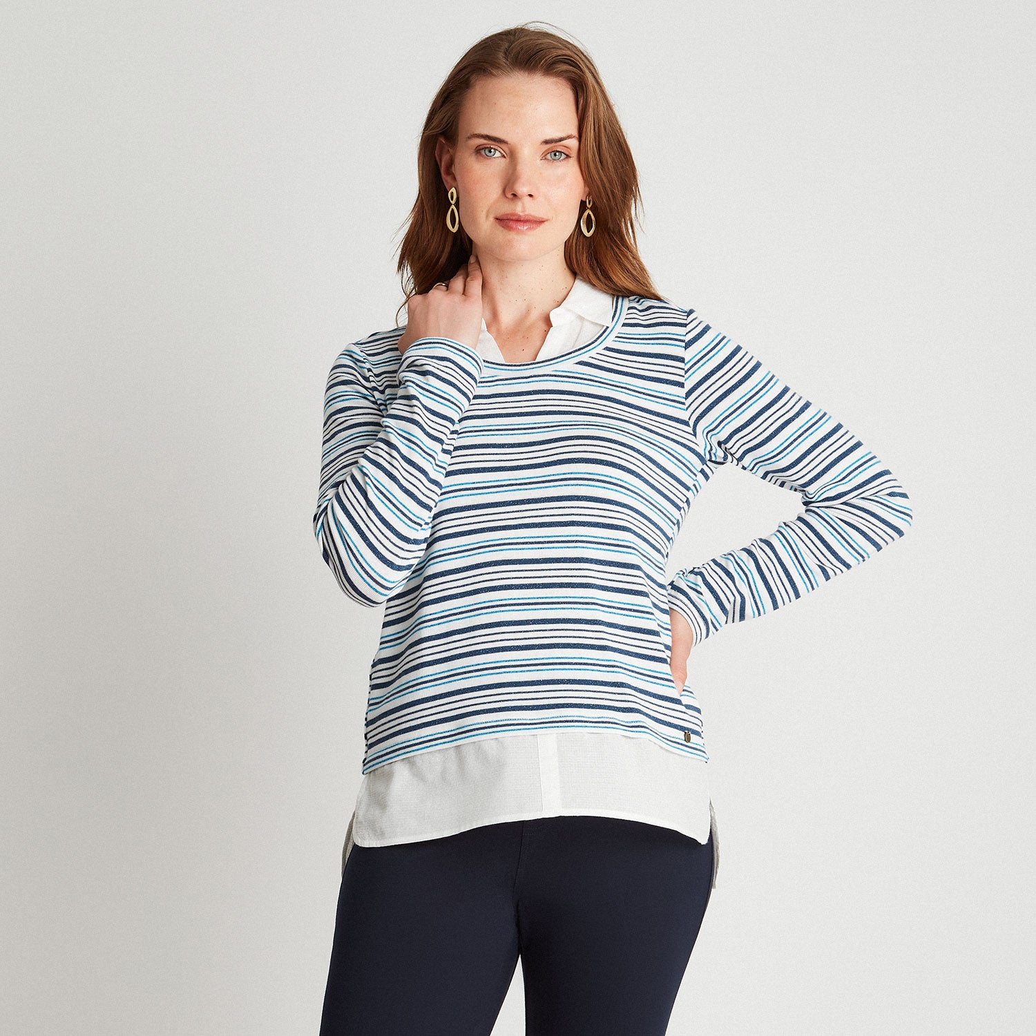 Polera Camant Rayada Con Blusa Falsa Celeste