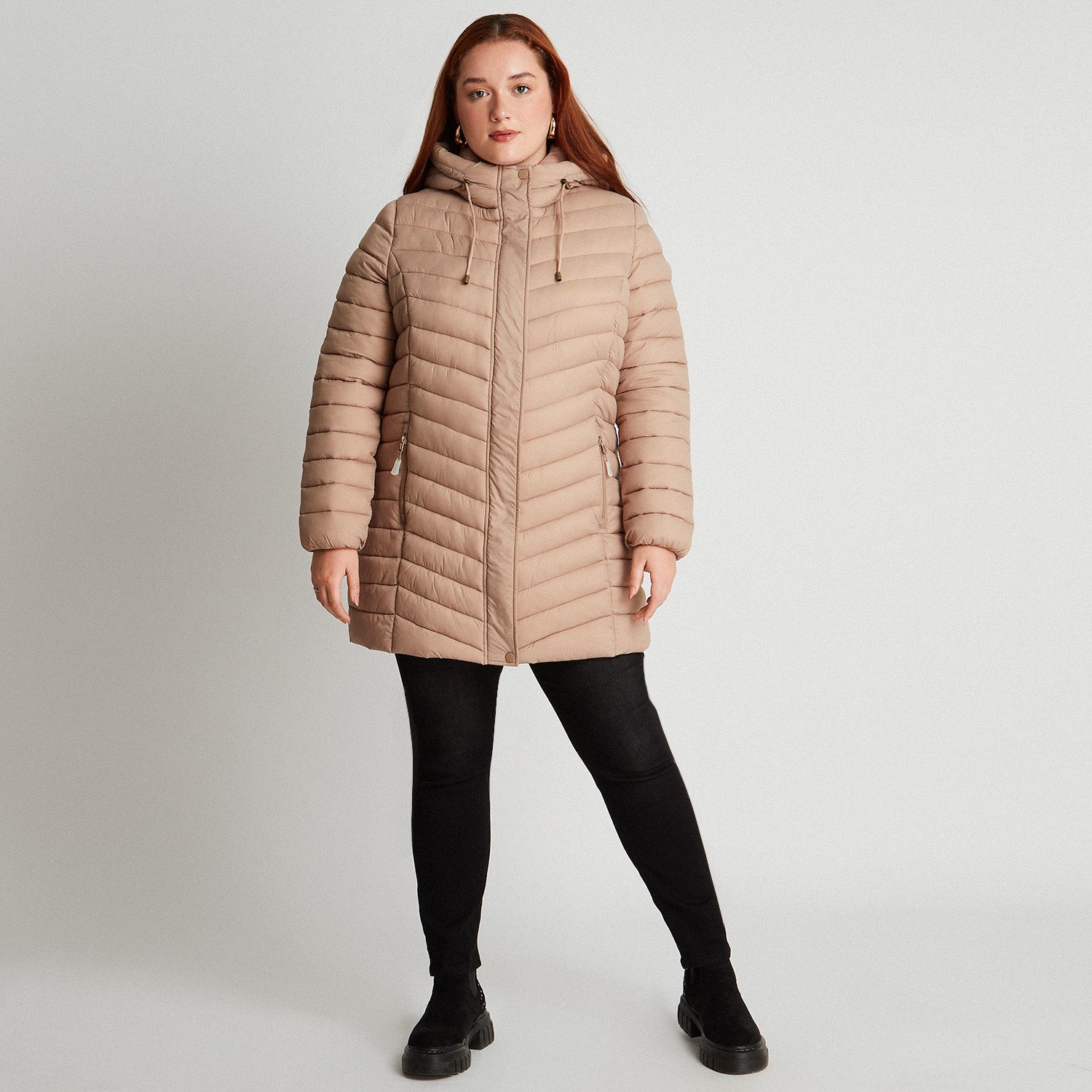 Parka Larga Con Gorro Beige