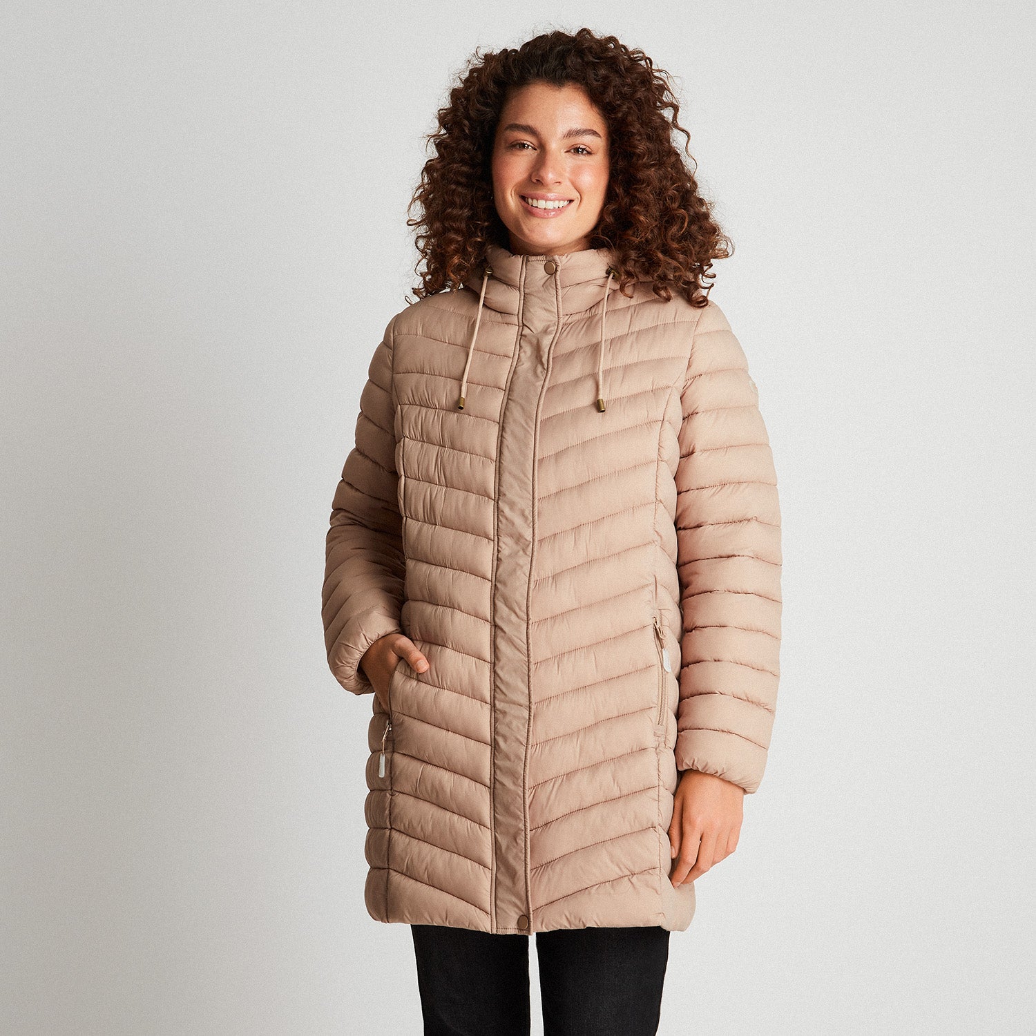 Parka Larga Con Gorro Beige