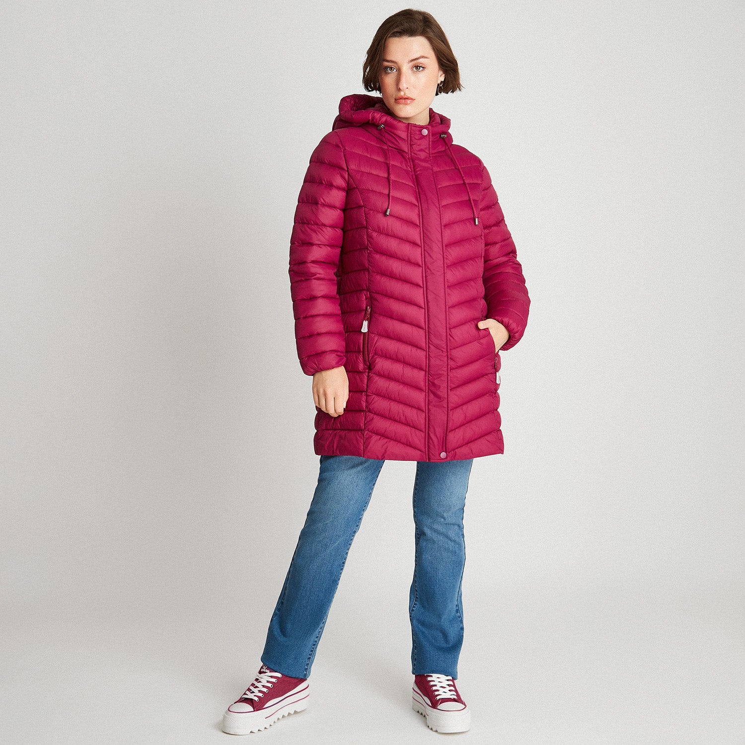 Parka Larga Con Gorro Magenta