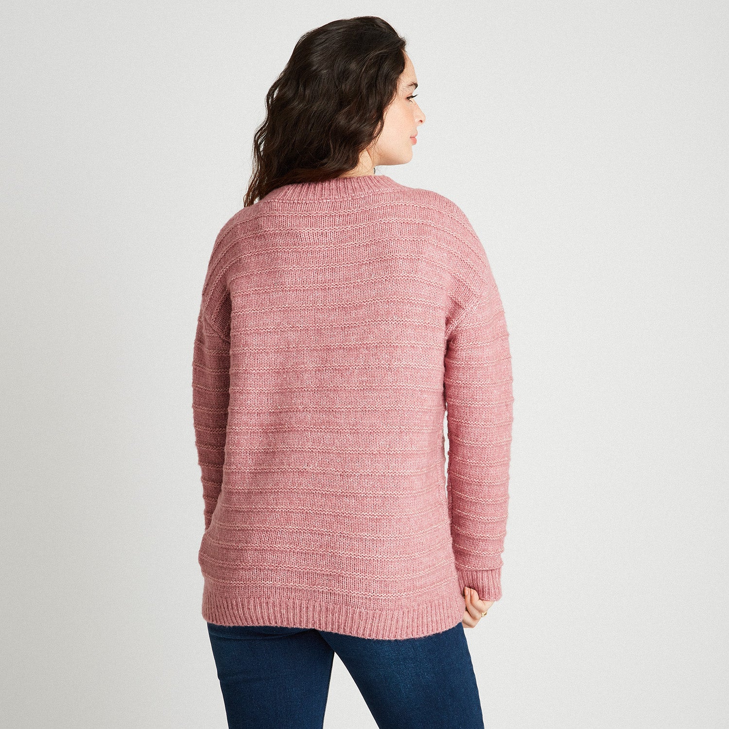 Sweater Con Lurex y Línea En Relieve Rosado