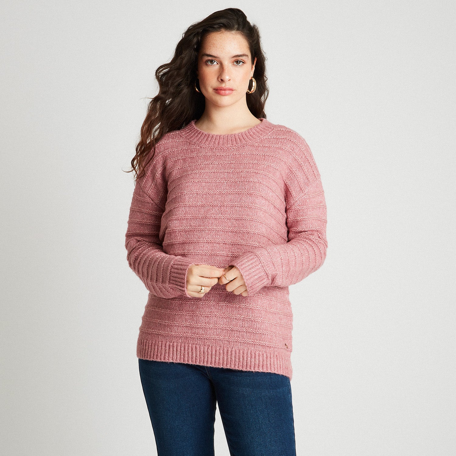 Sweater Con Lurex y Línea En Relieve Rosado