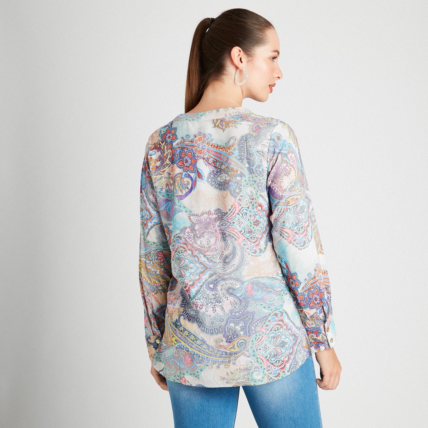 Blusa Manga Larga Cuello Mao Estampada Lila