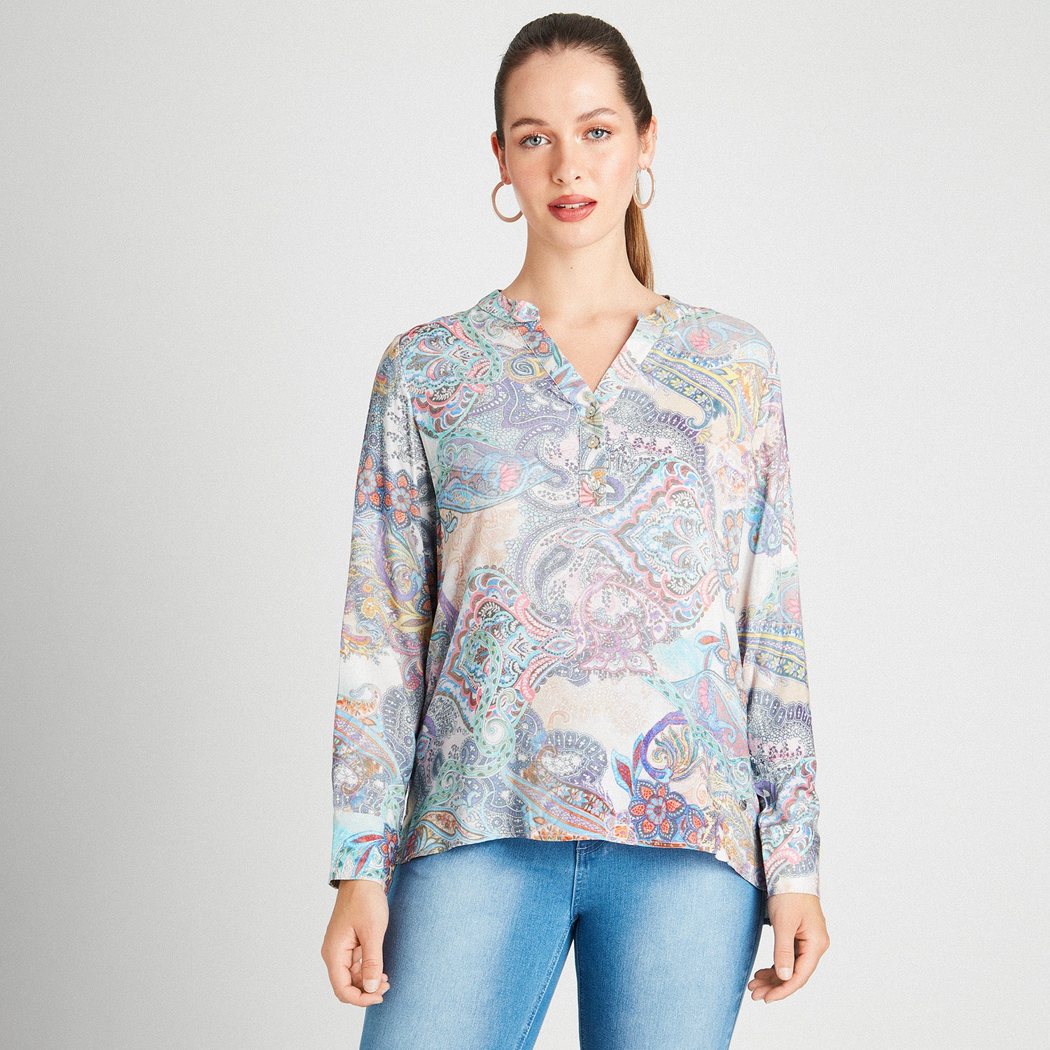 Blusa Manga Larga Cuello Mao Estampada Lila