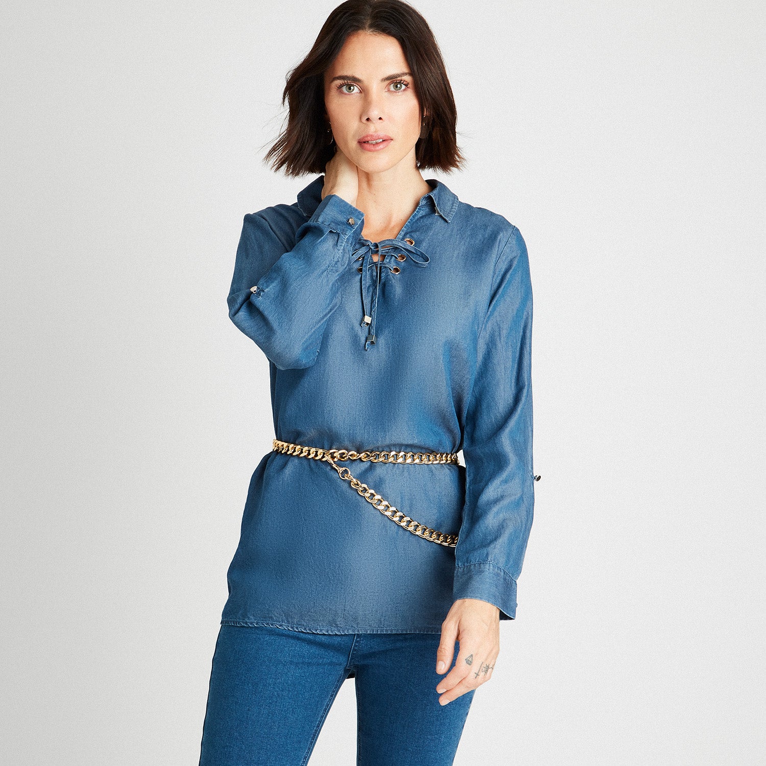 Blusa De Mezclilla Con Amarre Frontal Azul Claro