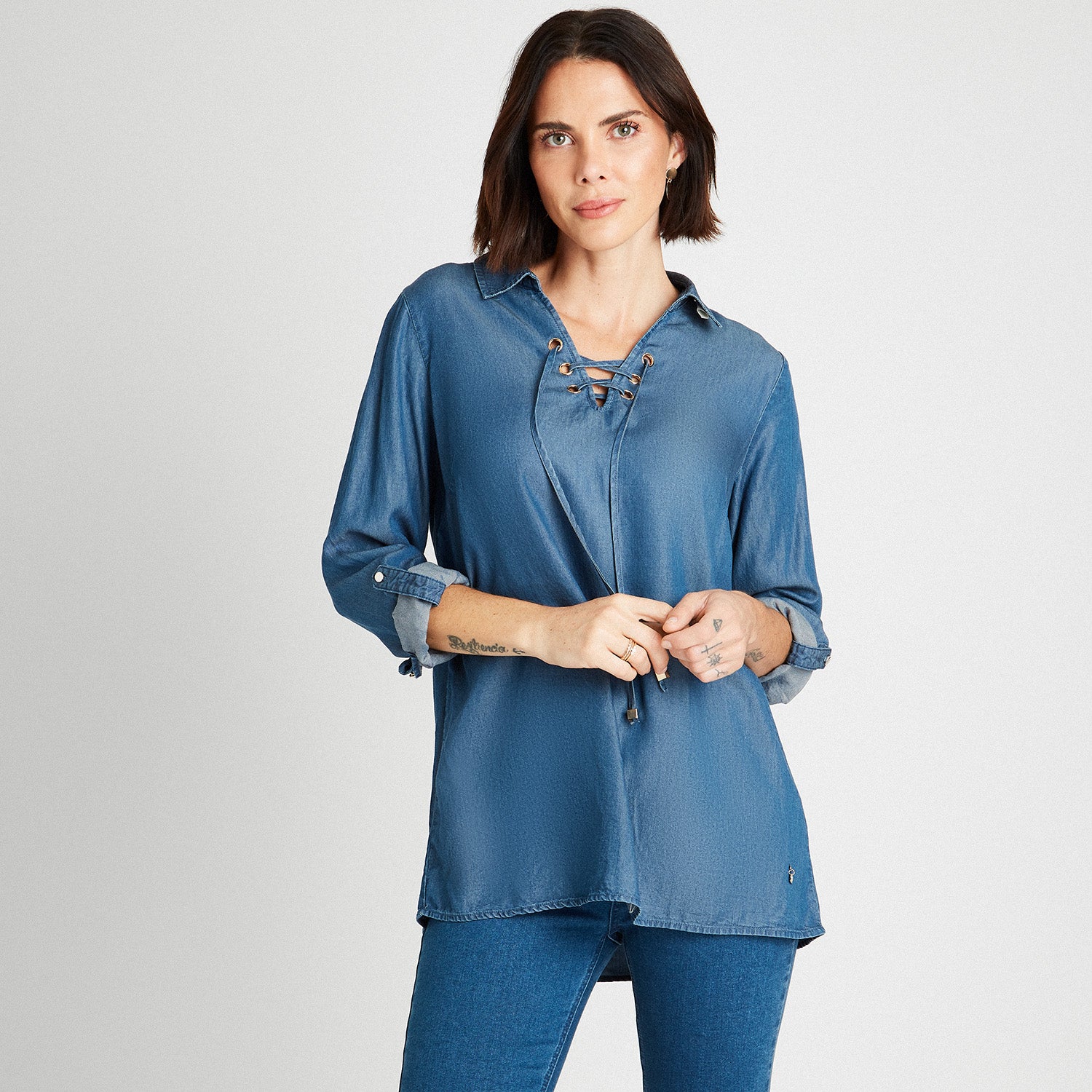 Blusa De Mezclilla Con Amarre Frontal Azul Claro