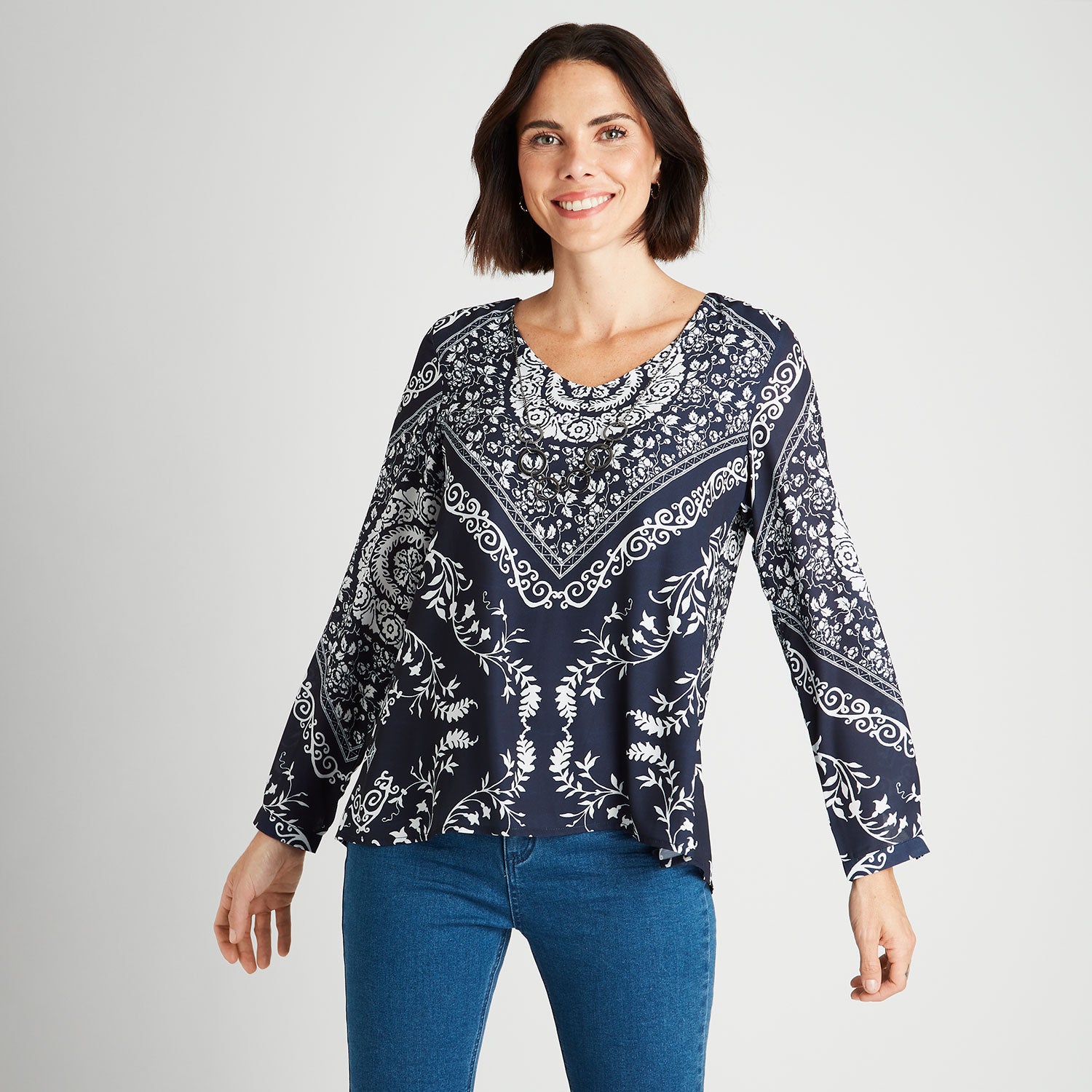 Blusa Manga Larga Con Collar Azul