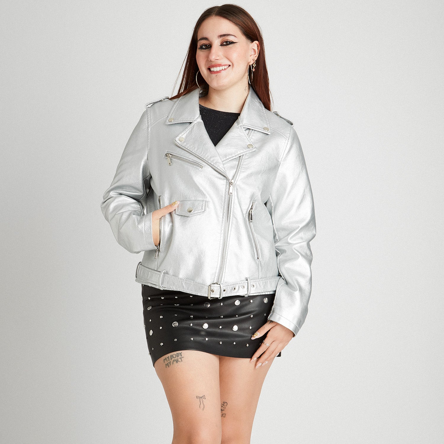 Chaqueta Biker Efecto Piel Plateado