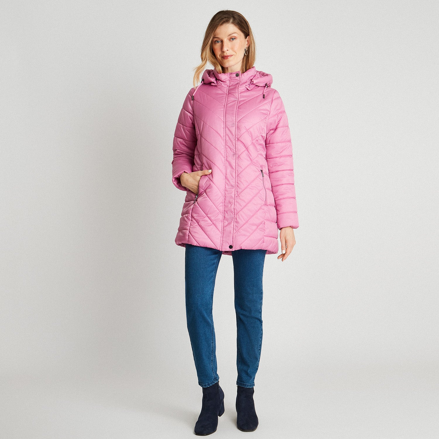 Parka Larga Con Gorro Desmontable Rosado