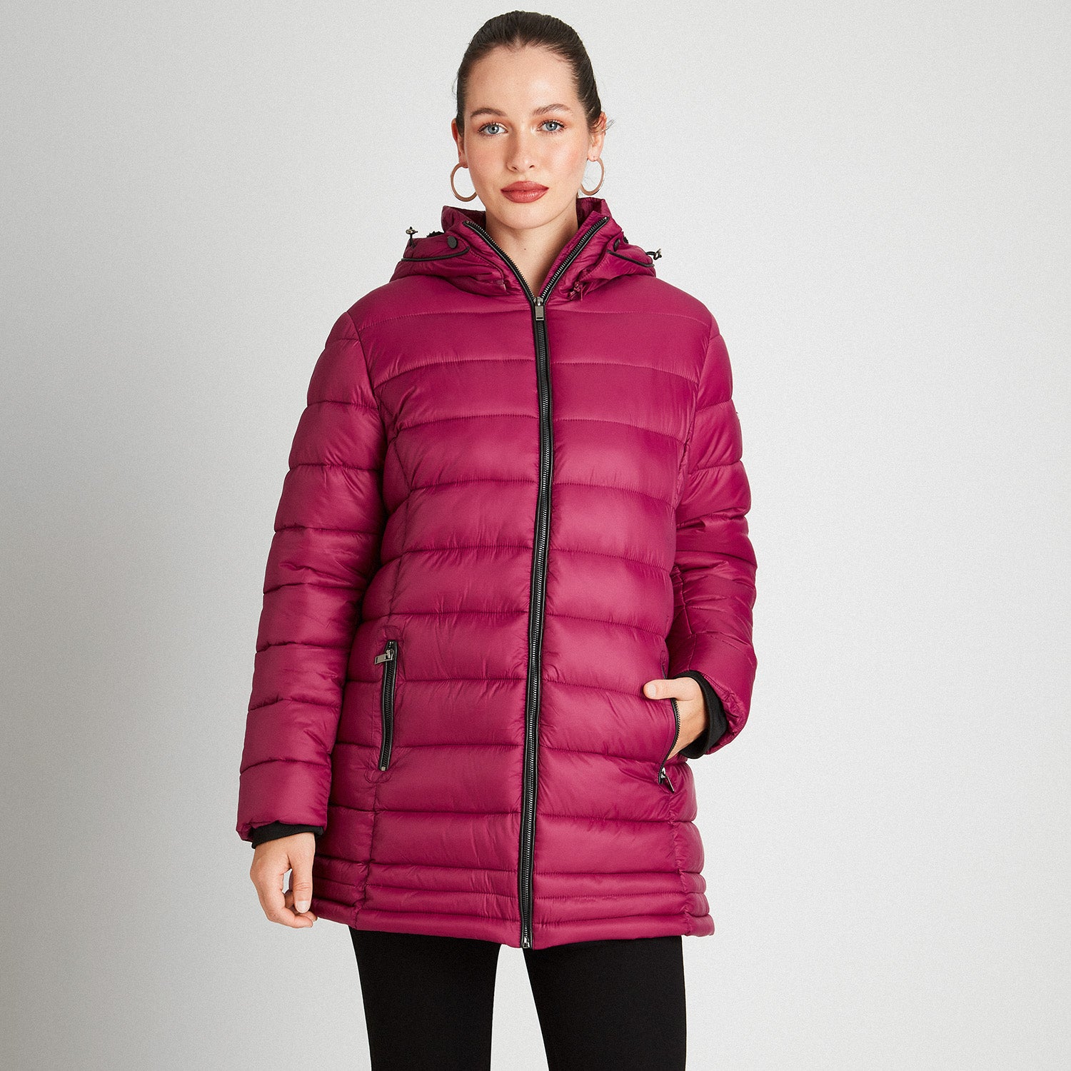 Parka Larga Con Gorro Magenta