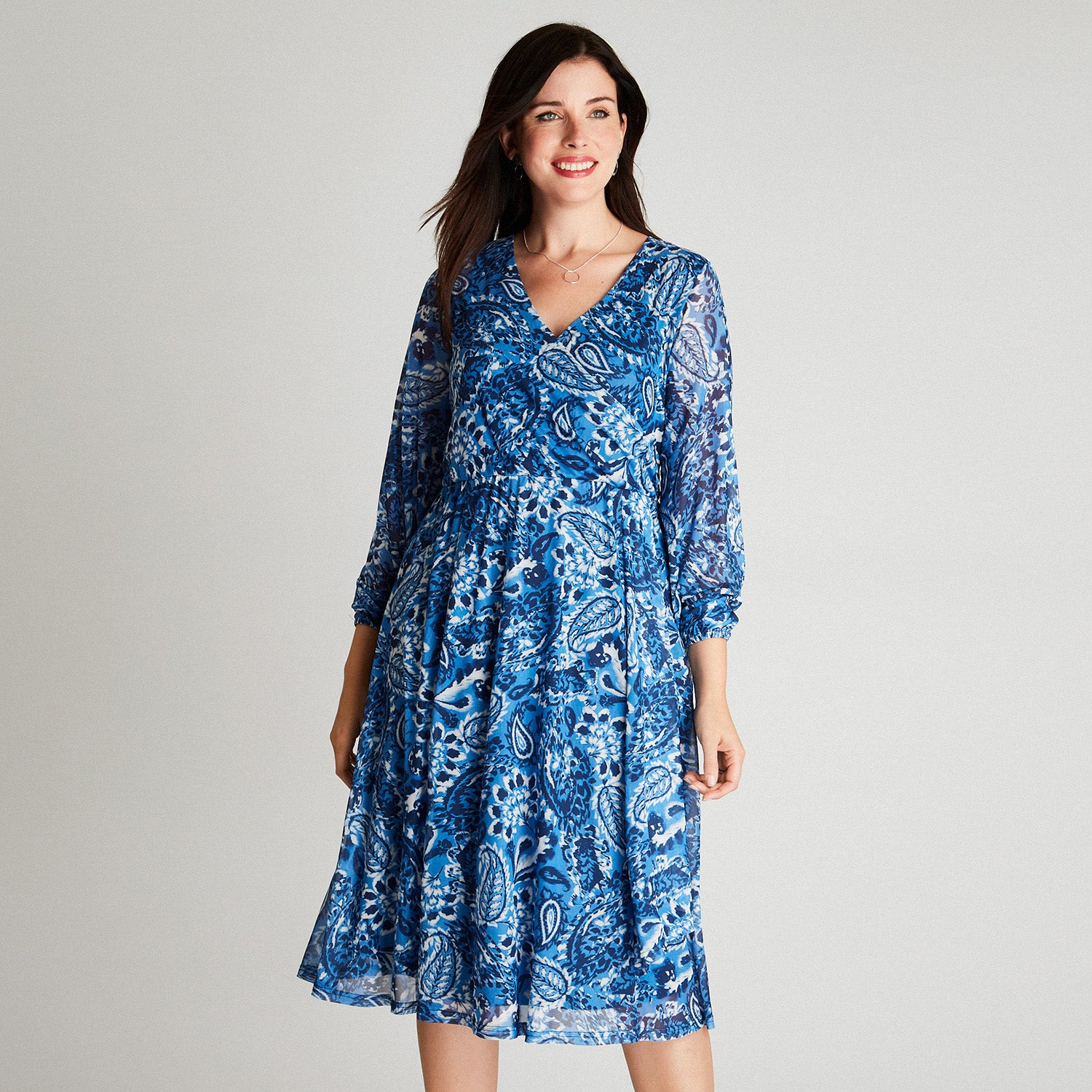 Vestido Midi Azul Manga Larga Estampado Cuello V