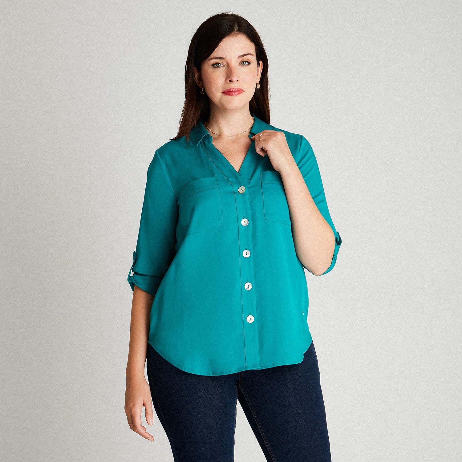 Blusa Turquesa Cuello Camisero