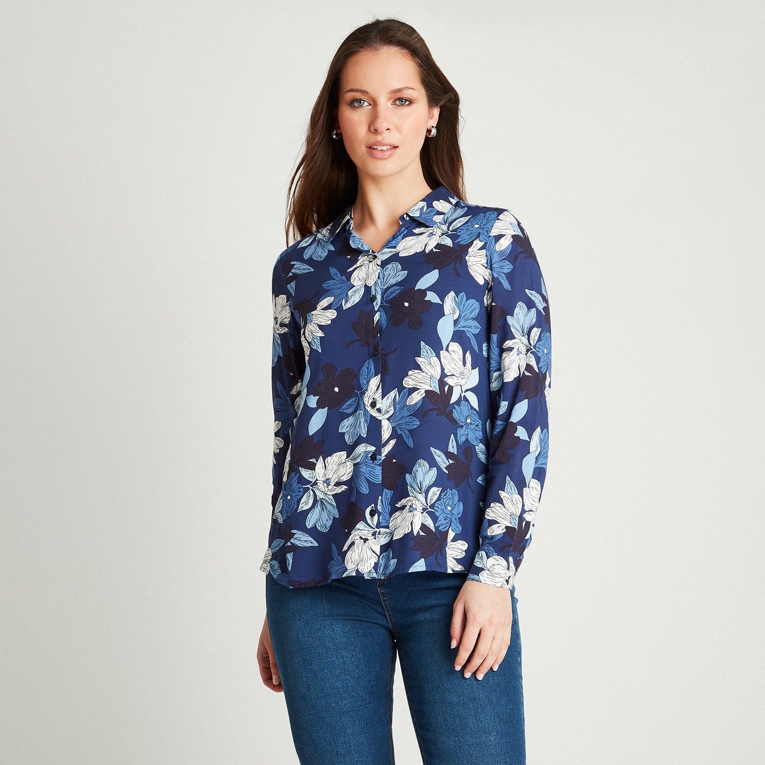 Blusa Índigo Manga Larga Estampado Cuello Camisero