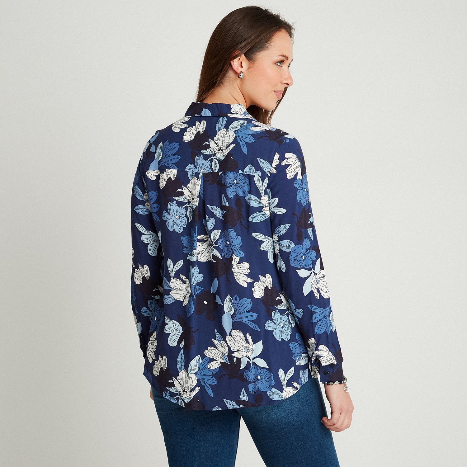 Blusa Índigo Manga Larga Estampado Cuello Camisero