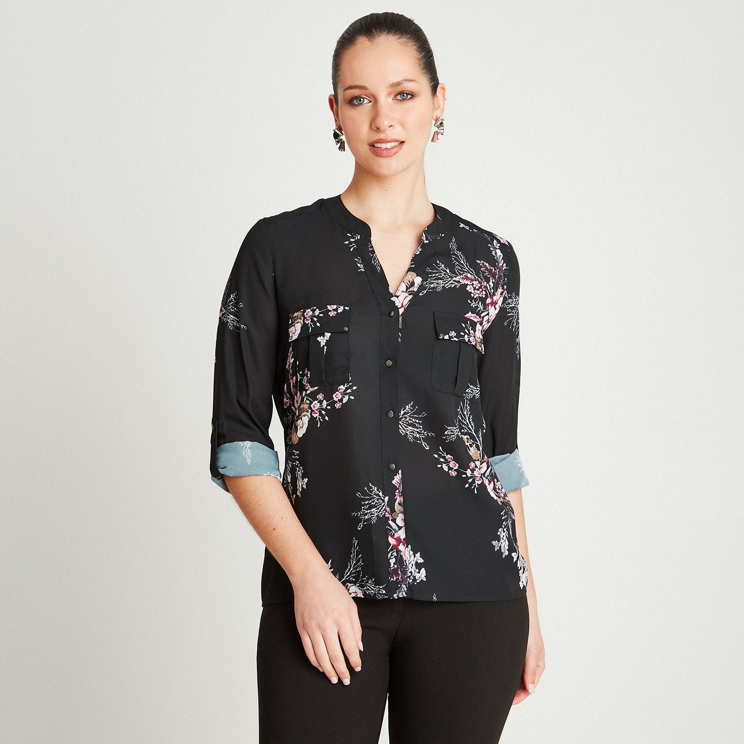 Blusa Negro Manga Larga Estampado Cuello Mao