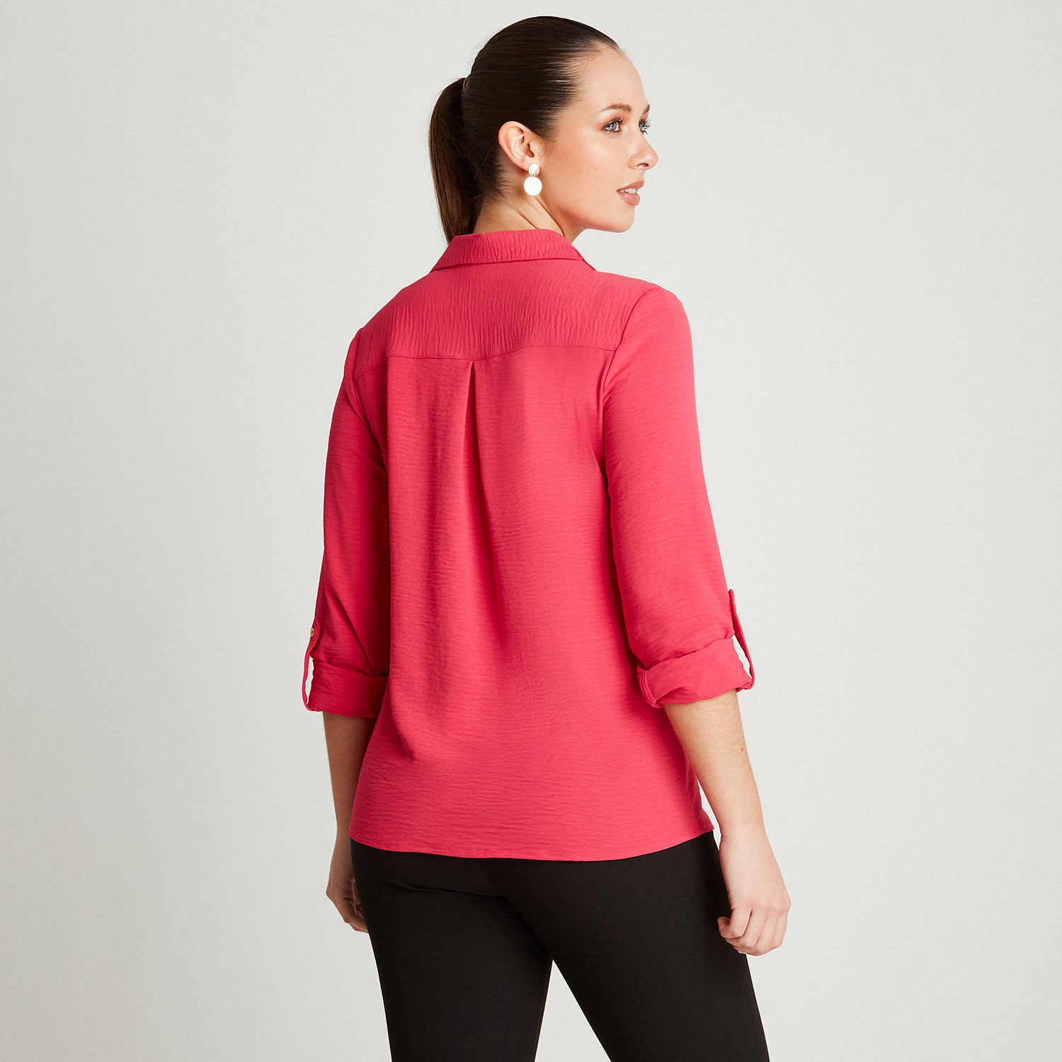 Blusa Fucsia Manga Larga Cuello Camisero