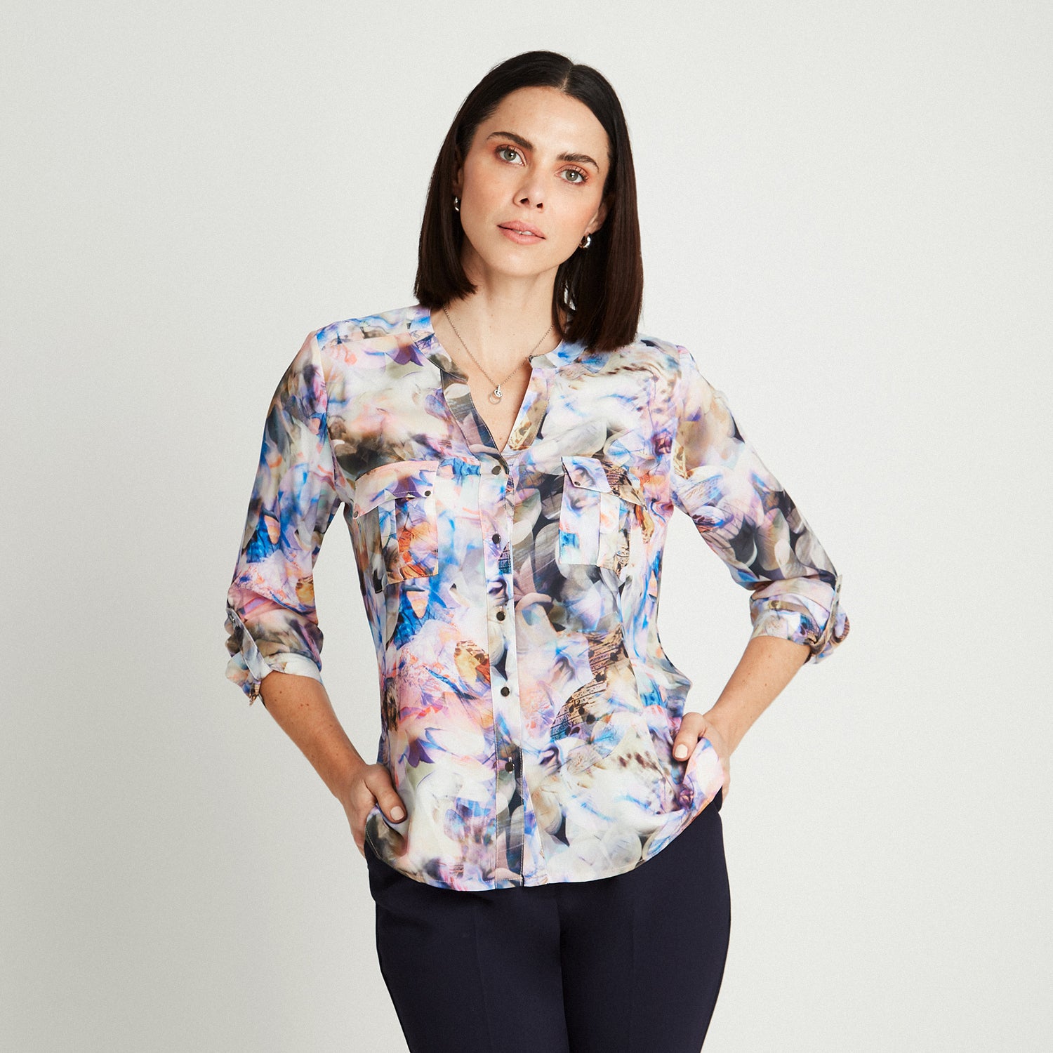 Blusa Lila Manga Larga Estampado Cuello Mao