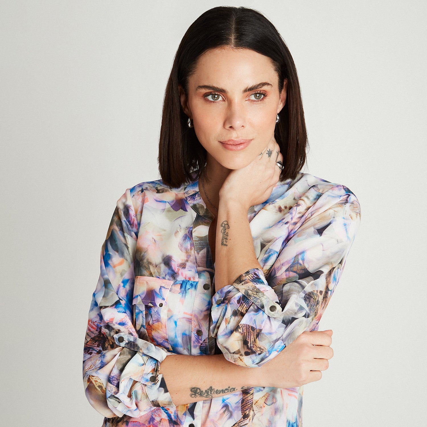 Blusa Lila Manga Larga Estampado Cuello Mao