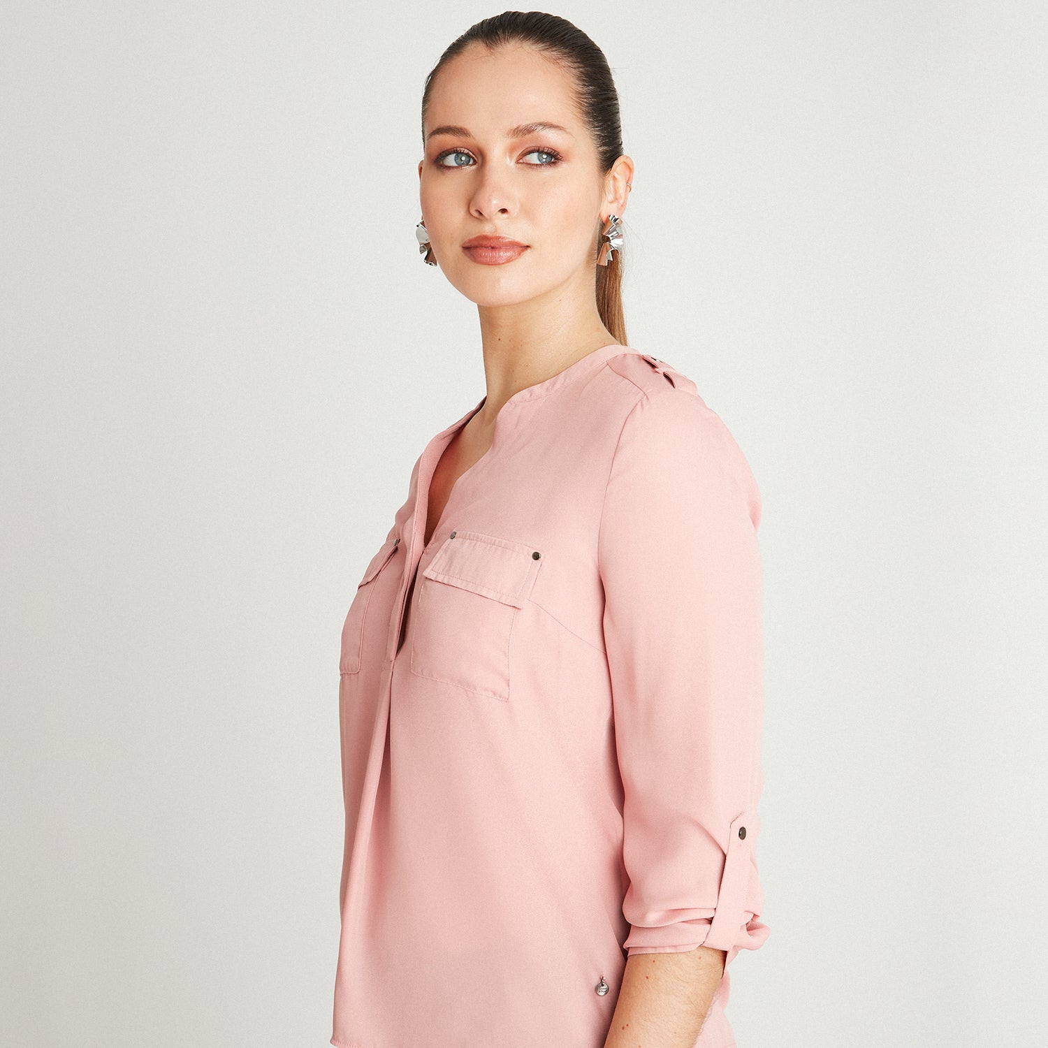 Blusa Rosa Manga Larga Cuello Mao