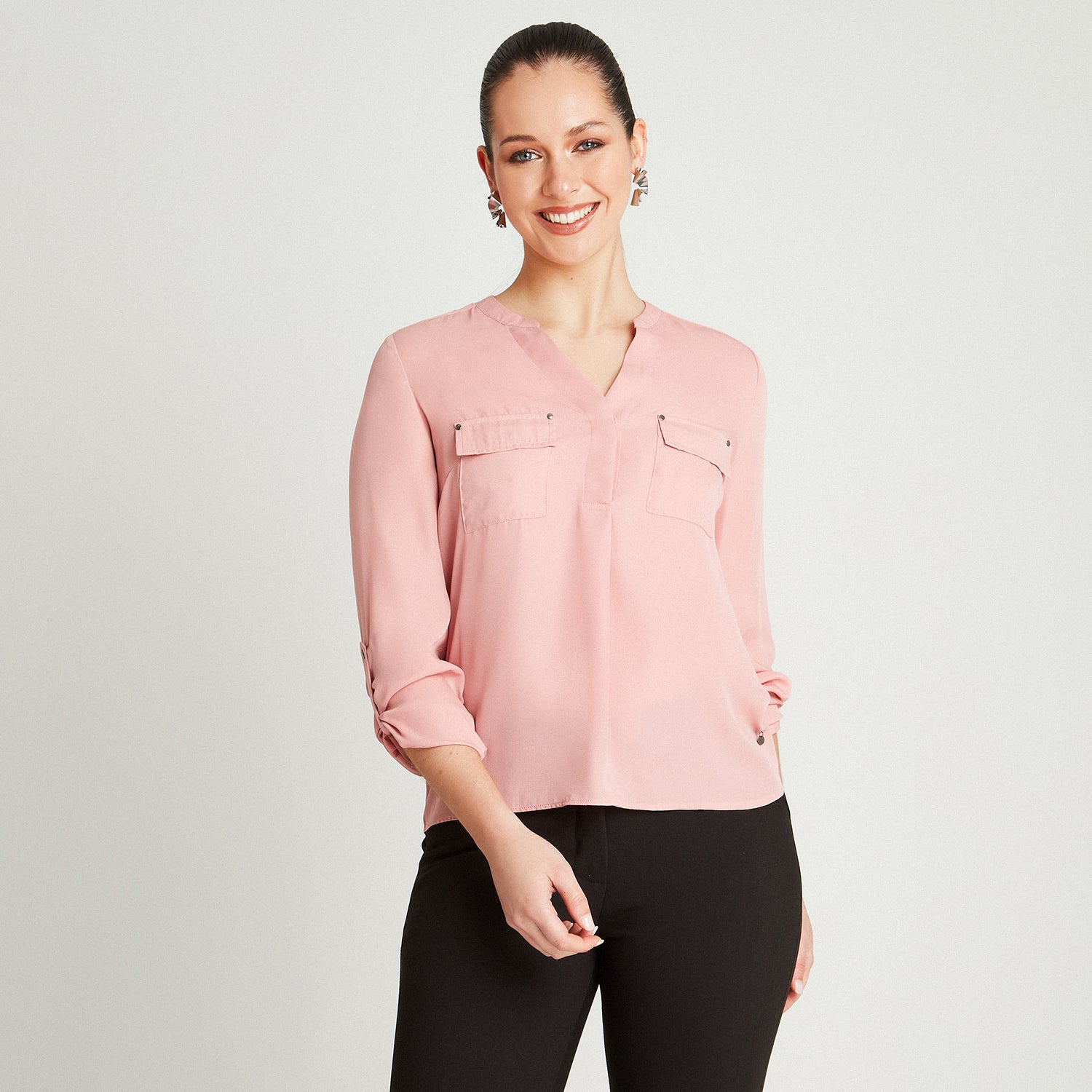 Blusa Rosa Manga Larga Cuello Mao