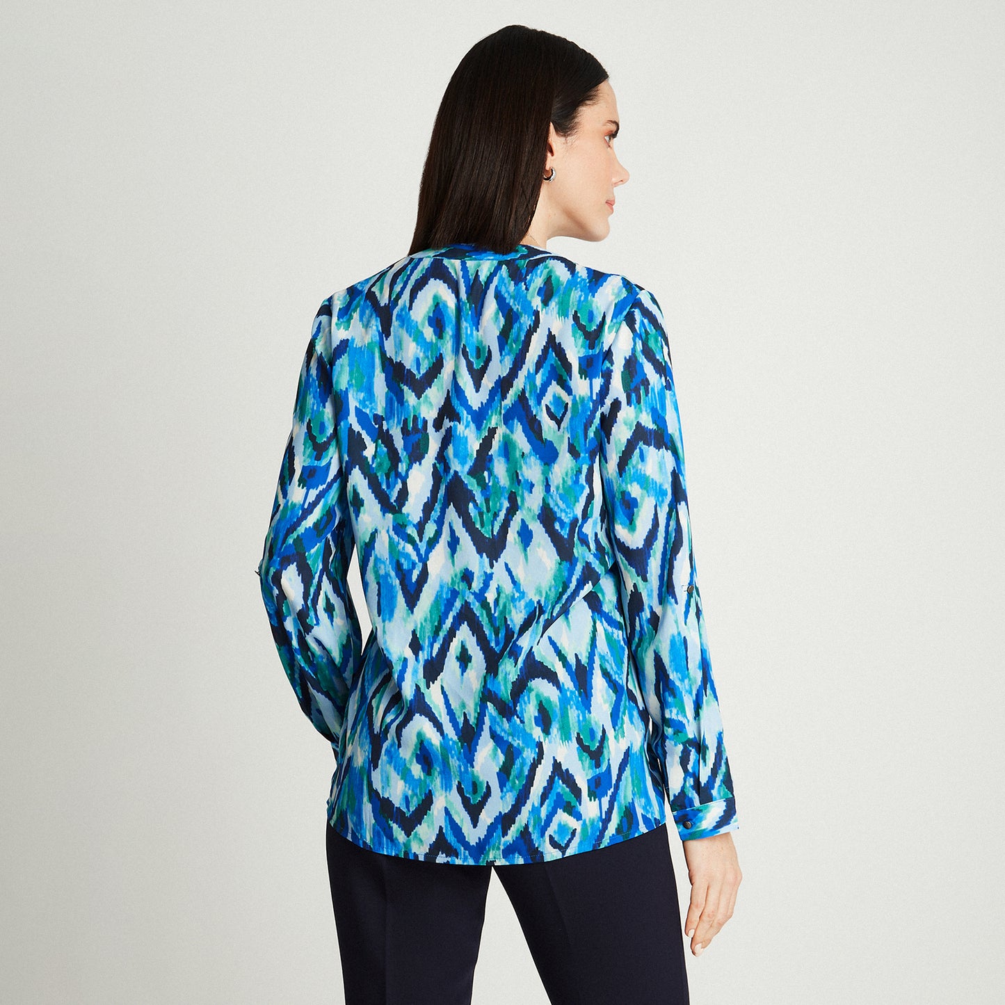 Blusa Azul Manga Larga Estampado Cuello Mao