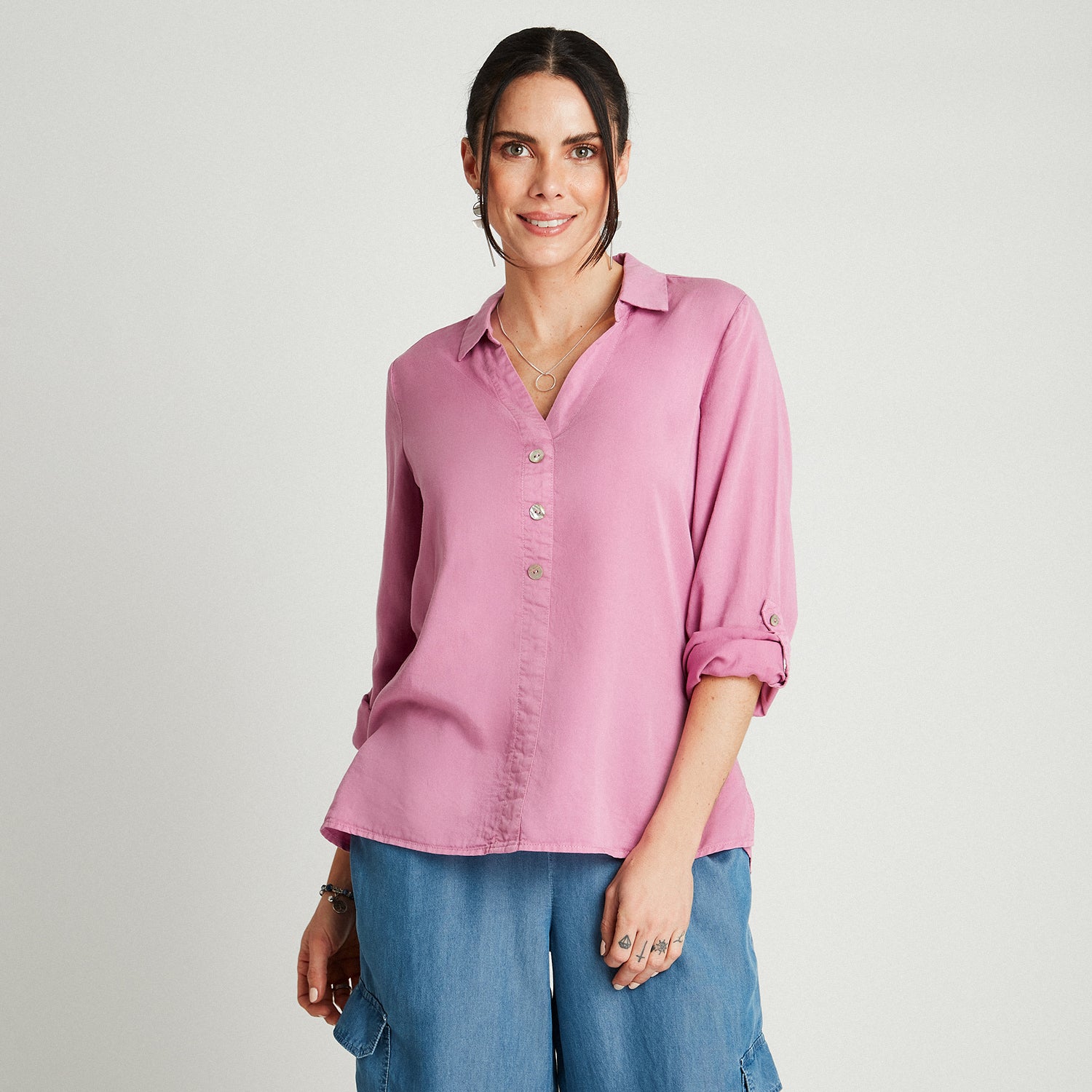 Blusa Lila Manga Larga Cuello Camisero