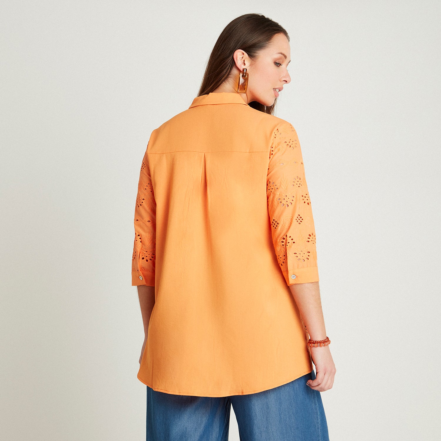 Blusa Naranjo Manga 3,4 Cuello Camisero