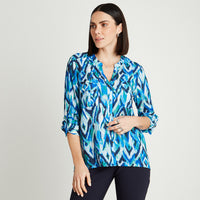 Blusa Azul Manga Larga Estampado Cuello Mao